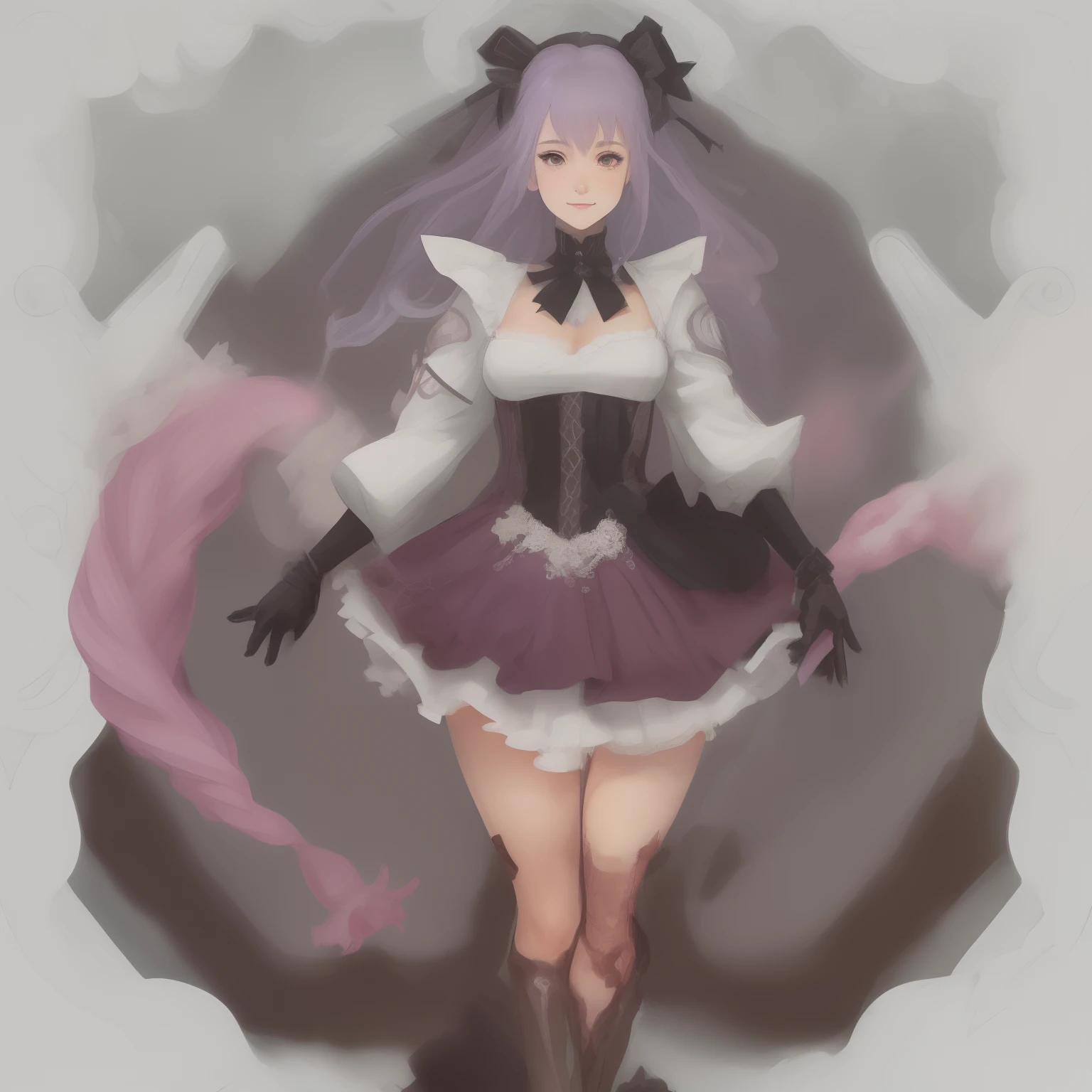 1girl, breasts, solo, gloves, smirk smile, cleavage, black gloves, braid, upper body, looking at viewer, bow, blush,, open jacket, open clothes, :q, red long tie, closed mouth, medium breasts, smile, medium breasts, sharp ring nail, dice pupil, pink and aqua dice hair tie, white uniform, black sexy blouse, lolita gothic skirt, black high leather boots, back twin tail hair style, game master, right hand silent finger gesture with smile, aqua pink purple hair dye gradation, left hand holding two dice