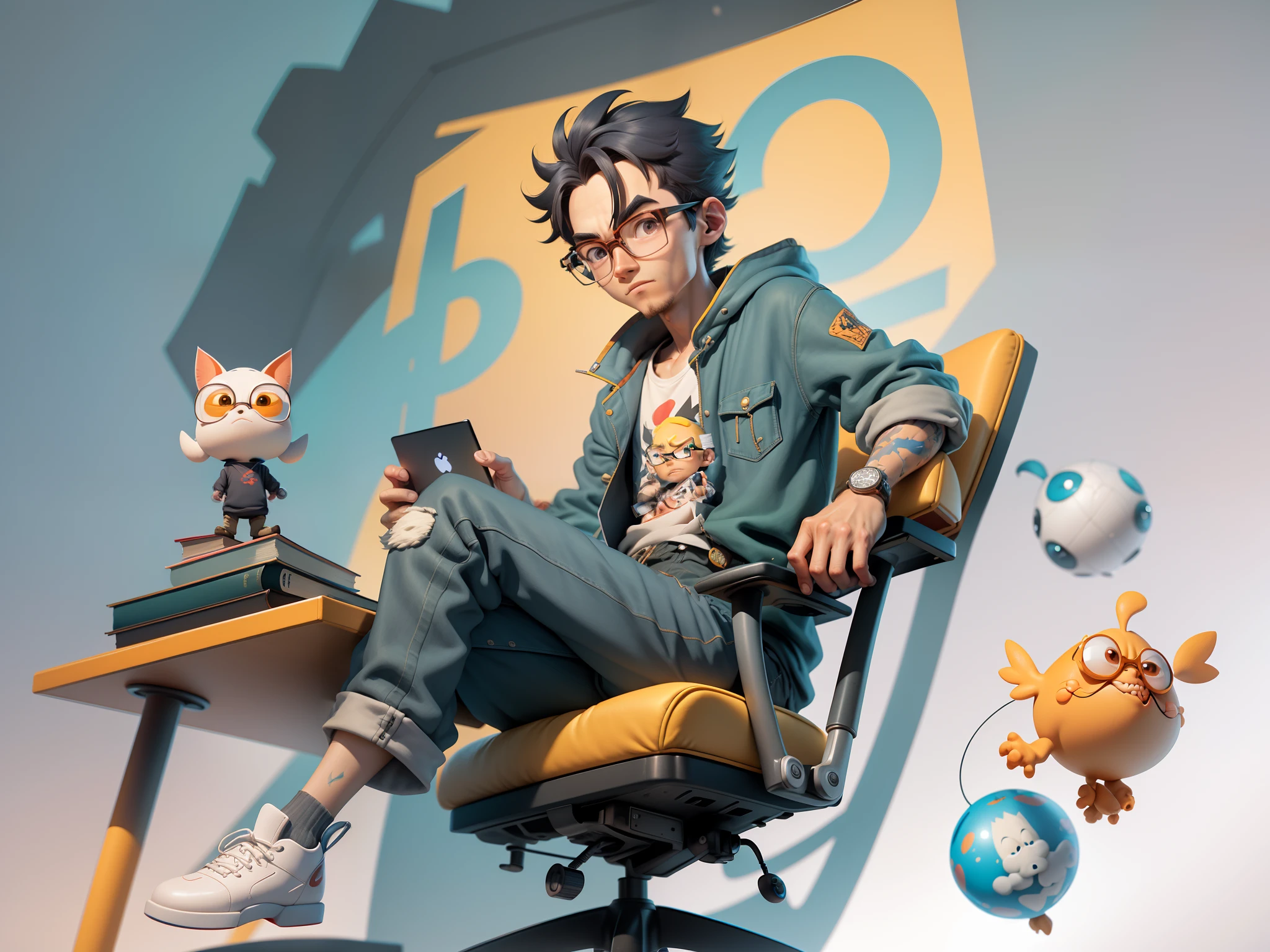 A young man with glasses sits at his desk,holding laptop,digitial painting,3D character design by Mark Clairen and Pixar and Hayao Miyazaki and Akira Toriyama,4K HD illustration,Very detailed facial features and cartoon-style visuals。