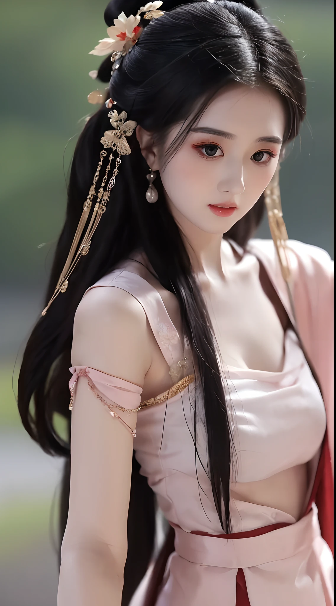 1 beautiful girl, long black hair, black eyes, Ancient Chinese style bun, wearing a thin silk shirt of ancient China, appears shoulders and head in the photo, (pout, embarrassed, small face makeup detailed and very beautiful, Enlarged breasts, regular round breasts, breast augmentation, balanced breasts, big boobs, blush, from front, from above, looking at viewer, upturned eyes, cleavage, masterpiece, top quality, best quality, official art, unity 8k wallpaper, highres, ultra-high res, ultra-detailed, (photorealistic:1.2), alone, solo, Only 1 girl, style hanfu Dunhuang,