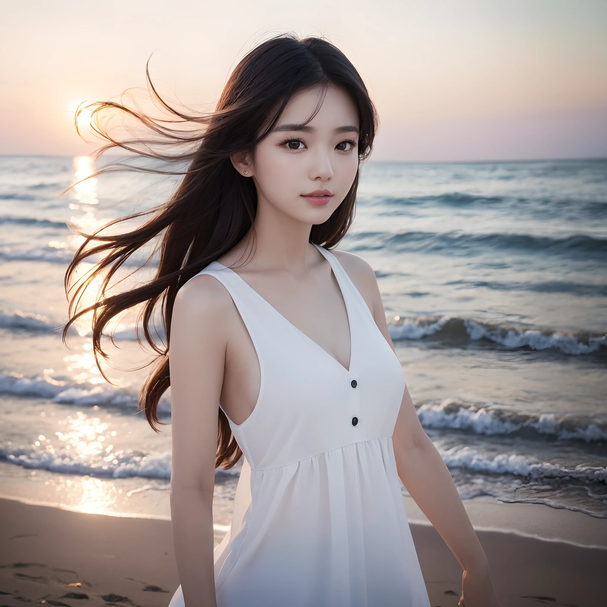 One lady、((best qualtiy、8k masterpieces:1.3))、foco nítido:1.2、(ultra beautiful faces:1.0)、(shinny skin:1.0)、photos realistic、A dark-haired、Video Lighting、High-definition eyes and face、Video Lighting、(Korean Cute Actress)、from the front side、medium breasts、ssmile、Sleeveless、Slender Abs Beauty、Whole body、Wearing a white blouse、On the beach at night