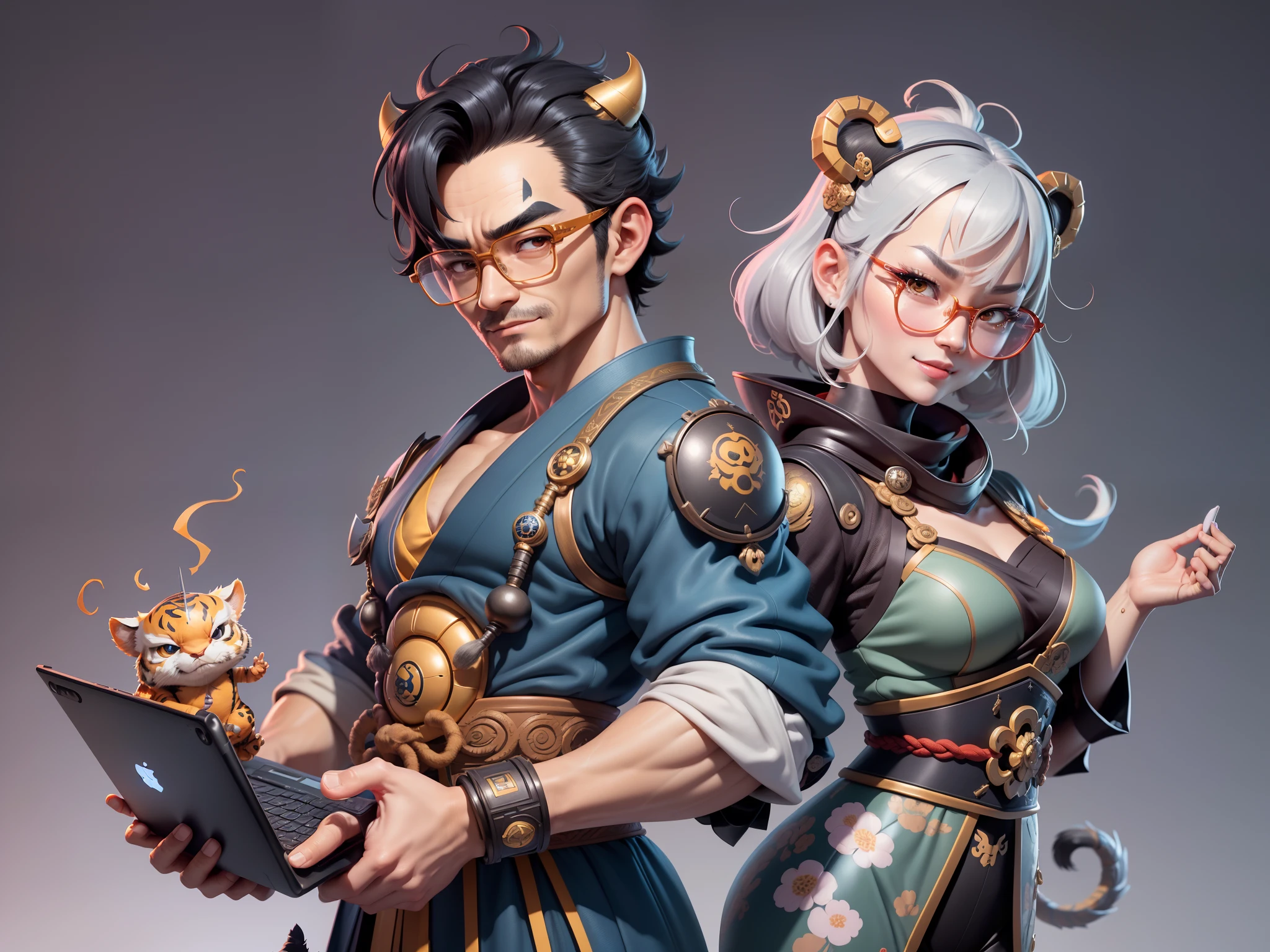 (Masterpiece), (Excellent), (Super Meticulous), (Full Body: 1.2), Super Young Man with Japanese Female Geisha, Pretty, Beautiful, Chinese Dragon, Tiger, Wind God Thor, Sexy, Bursting, Oriental Face, TV Anchor, Bust Portrait Illustration, Black Suit, Blue Tie, Slightly Chubby Face, Silver Glasses, Very Clean Face, No Beard on Chin, Black Super Short Hair, Black Eyes, Confident Smile, 3c Computer Sub-Products, iPad, iPhone, Digital Painting, 3D character design by Mark Clairedon and Pixar and Hayao Miyazaki and Akira Toriyama, the illustrations are HD illustrations in 4K resolution with highly detailed facial features and cartoon-style visuals.
