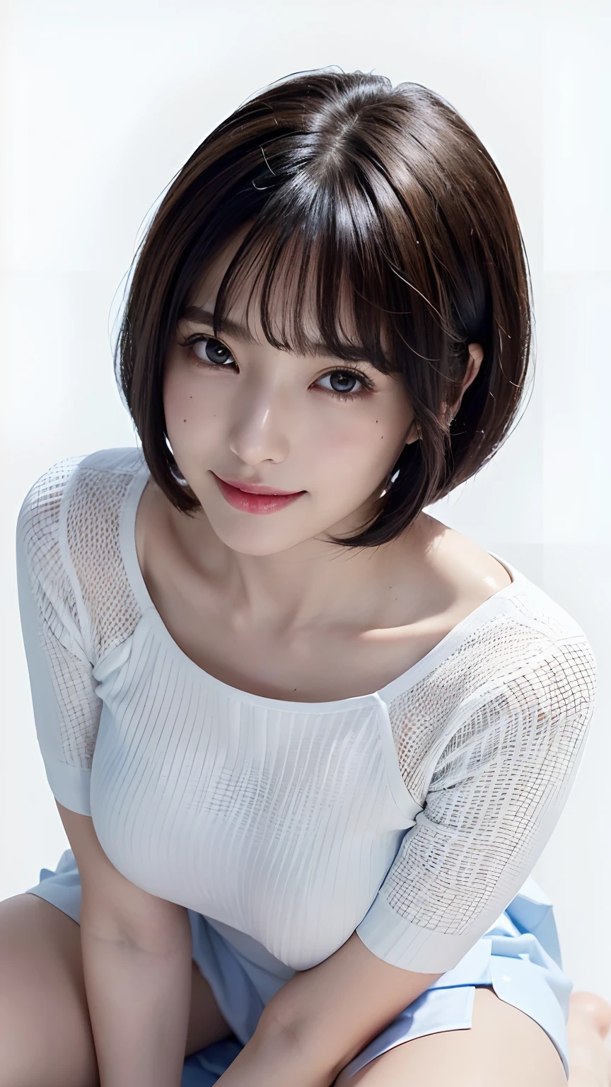 Masterpiece, top quality, ultra-high resolution, high detailed portrait, (photorealistic photo: 1.4), (1 girl) ((1 girl, white fair skin, kneeling, from above, looking up at the viewer, face close-up, 19 years old, pretty, cute, pretty black hair, shiny black hair, bob_cut, short hair, big breasts)) (attractive, simple blue and white two-tone uniform, uniform, shiny outfit, (portrait of a famous actress of Japan), (smile, happy, joyful, cheerful, close mouth), (breasts tucked between arms between breasts), high detailed eyes, (really pure white background, nothing background)), ((long neck, bangs, bangs, pretty face, gaze staring at the camera, eyelashes, big eyes, clear double eyelids, tear moles, shiny skin, clean skin quality, lip gloss))