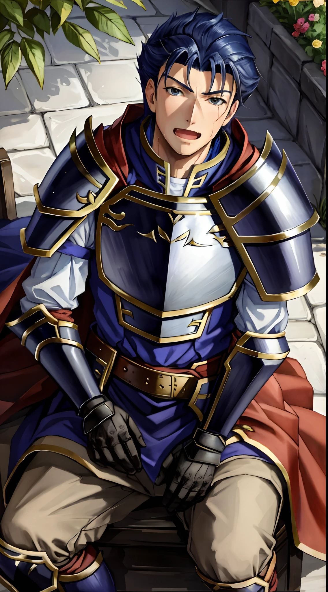Hector Fey， 独奏， looking at viewert， Teasing laughter， Open your mouth，drools，perspire，Drenched，Get wet，mitts， 1 man， Male focus， sit astride（sit on chair），Cloak， Armour， Shoulder armor， POV from below