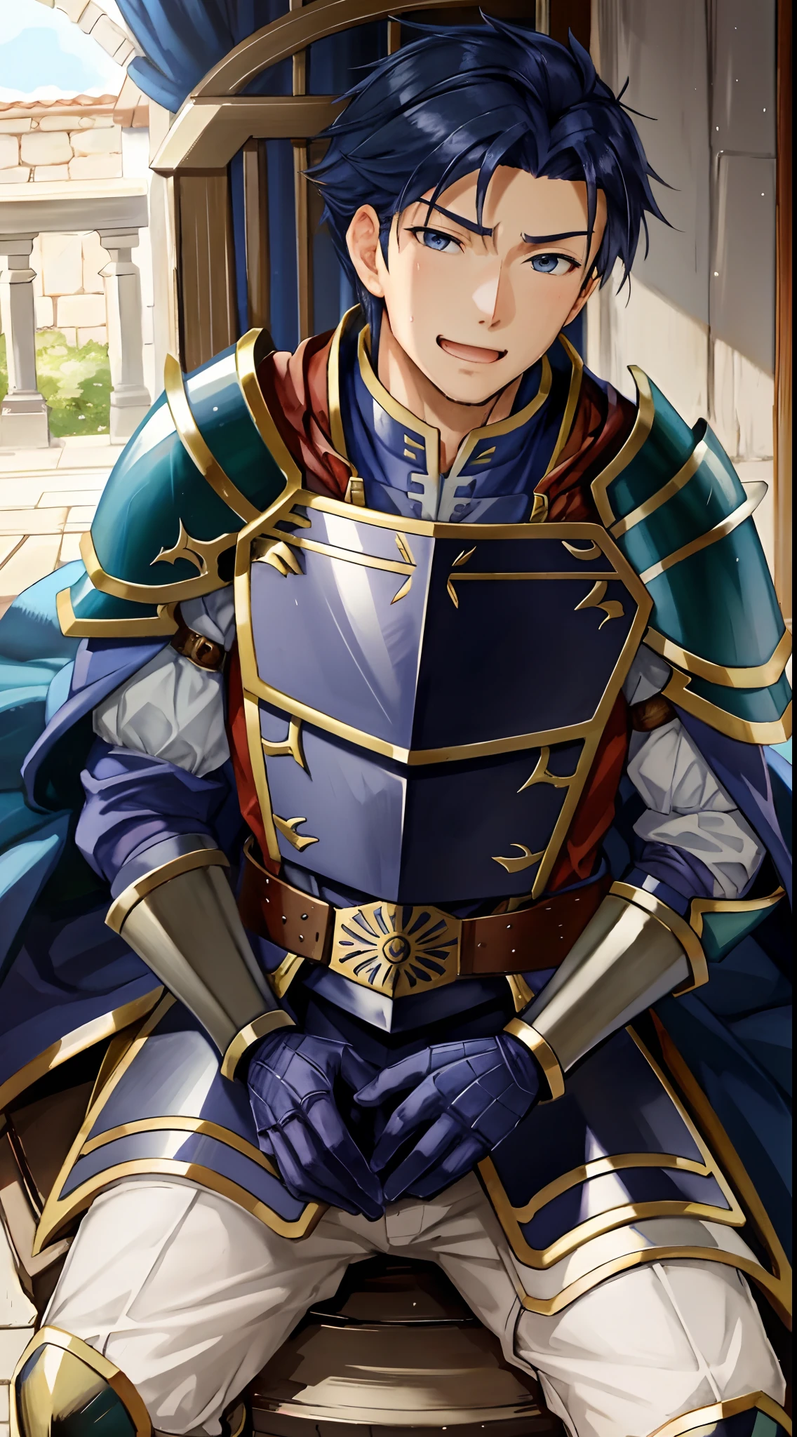 Hector Fey, 独奏, looking at viewert, Teasing laughter, Open your mouth,drools,perspire,Drenched,Get wet,mitts, 1 man, Male focus, sit astride(sit on chair),Cloak, Armour, Shoulder armor, POV from below
