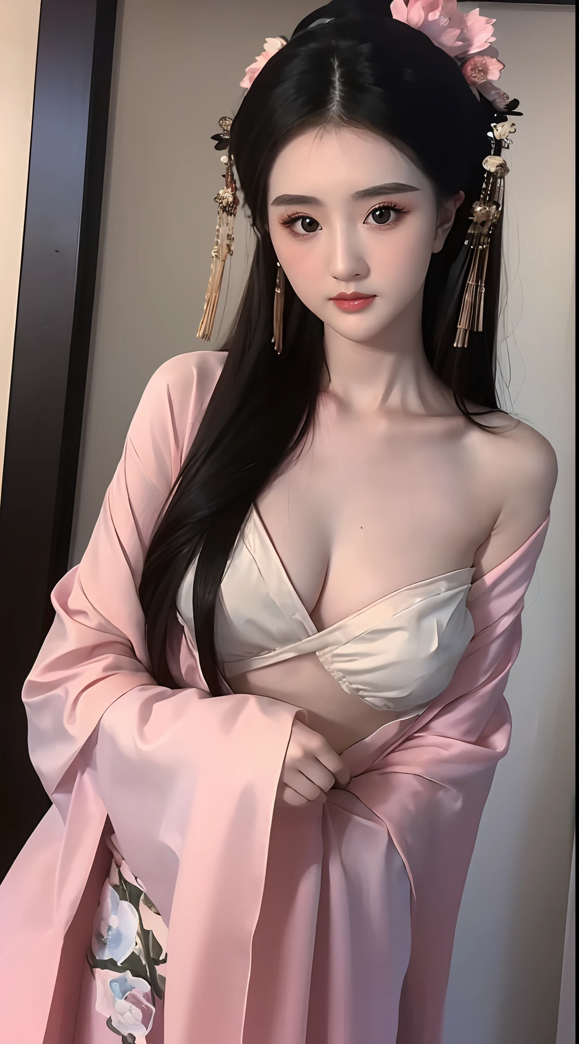 1 beautiful girl, long black hair, black eyes, Ancient Chinese style bun, wearing a thin silk shirt of ancient China, appears shoulders and head in the photo, (pout, embarrassed, small face makeup detailed and very beautiful, Enlarged breasts, regular round breasts, breast augmentation, balanced breasts, big boobs, blush, from front, from above, looking at viewer, upturned eyes, cleavage, masterpiece, top quality, best quality, official art, unity 8k wallpaper, highres, ultra-high res, ultra-detailed, (photorealistic:1.2), alone, solo, Only 1 girl, style hanfu Dunhuang,