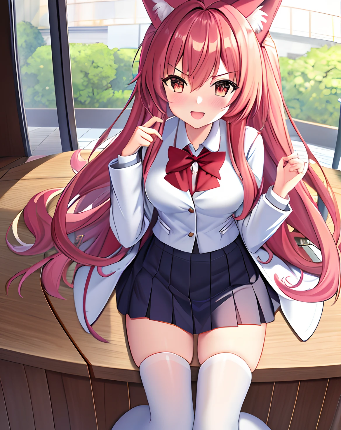 masterpiece,((best quality)),(extremely detailed CG unity 8k wallpaper), 1girl,highres, animal_ears, tail,hair_ornament,long_hair,small_breasts, open_mouth, blush, looking_at_viewer, bare_shoulder, smile, solo ,look at viewer,colored_hair ,long_hair, eyebrows_visible_through_hair, hair_between_eyes, school uniform,white jacket,(legwear)