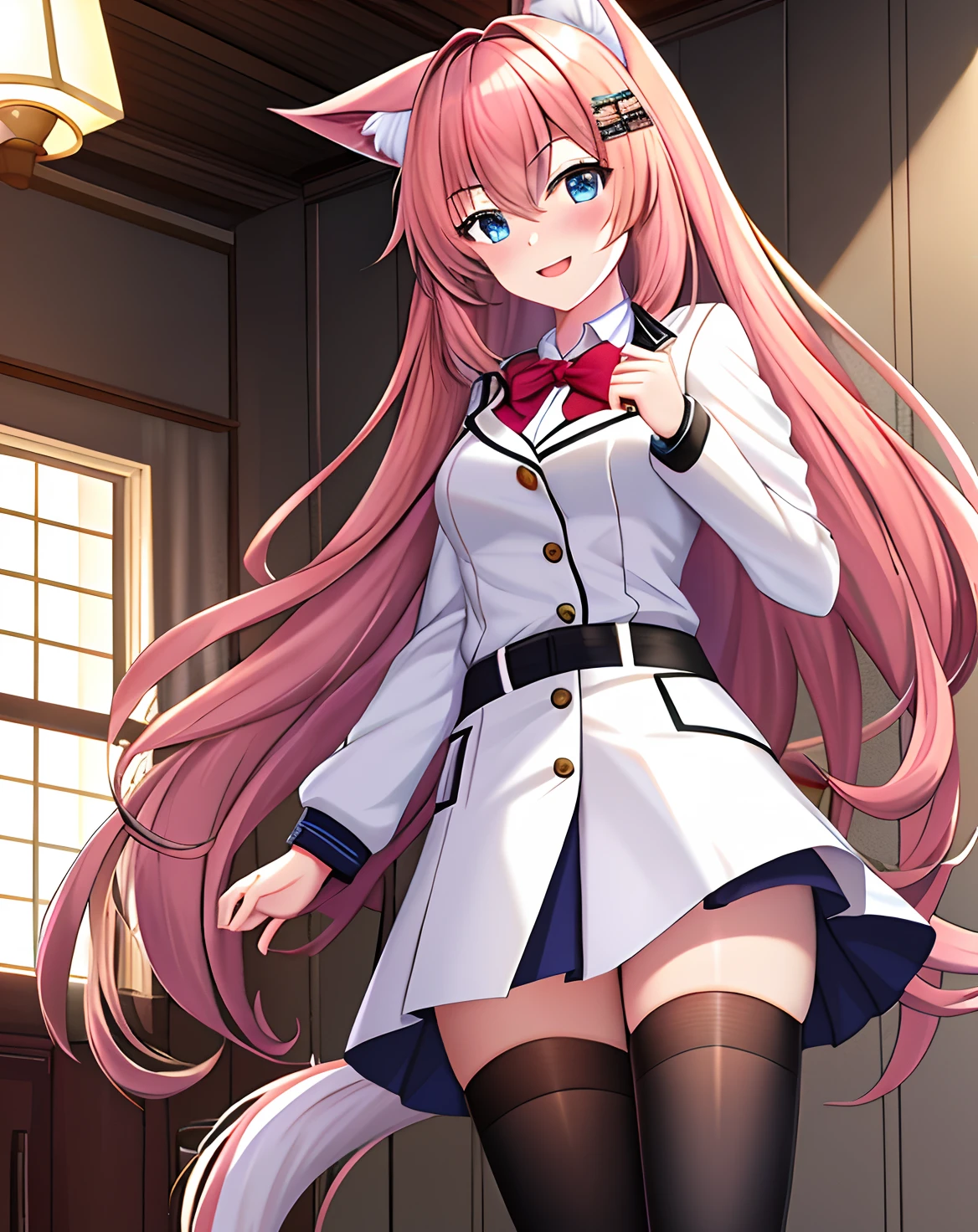 masterpiece,((best quality)),(extremely detailed CG unity 8k wallpaper), 1girl,highres, animal_ears, tail,hair_ornament,long_hair,small_breasts, open_mouth, blush, looking_at_viewer, bare_shoulder, smile, solo ,look at viewer,colored_hair ,long_hair, eyebrows_visible_through_hair, hair_between_eyes, school uniform,white jacket,(legwear)