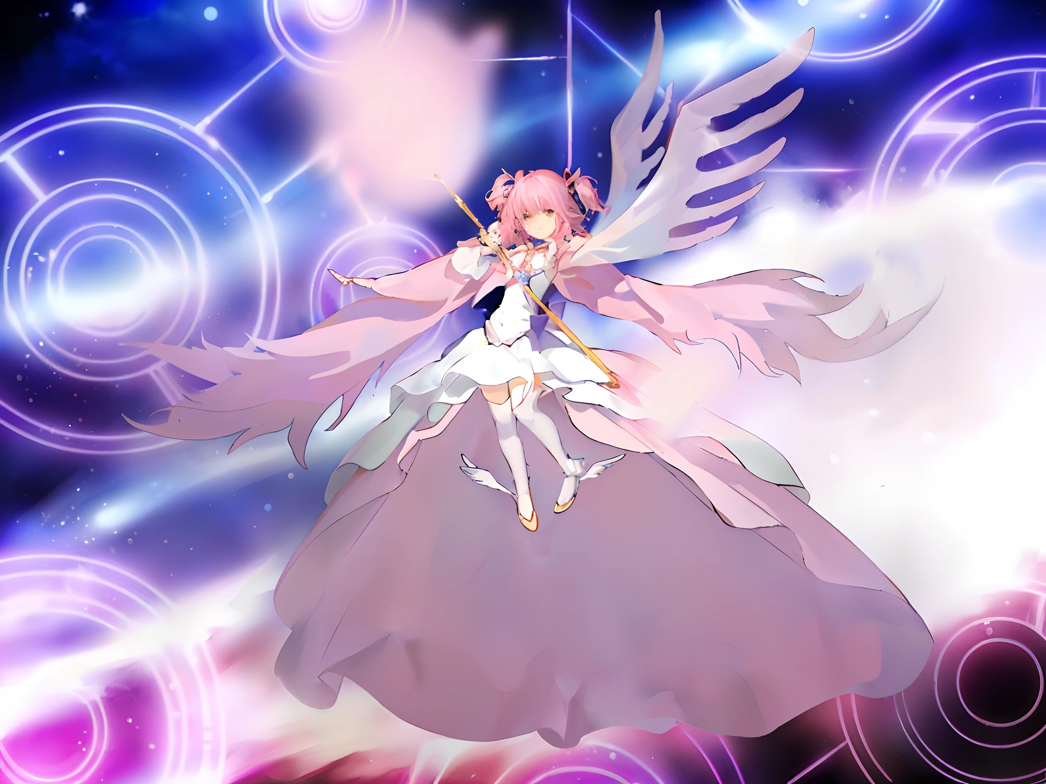 Anime girl in pink dress,Magic bow in hand,aura of magic around her, Magical girl Madoka,Shikame Circle