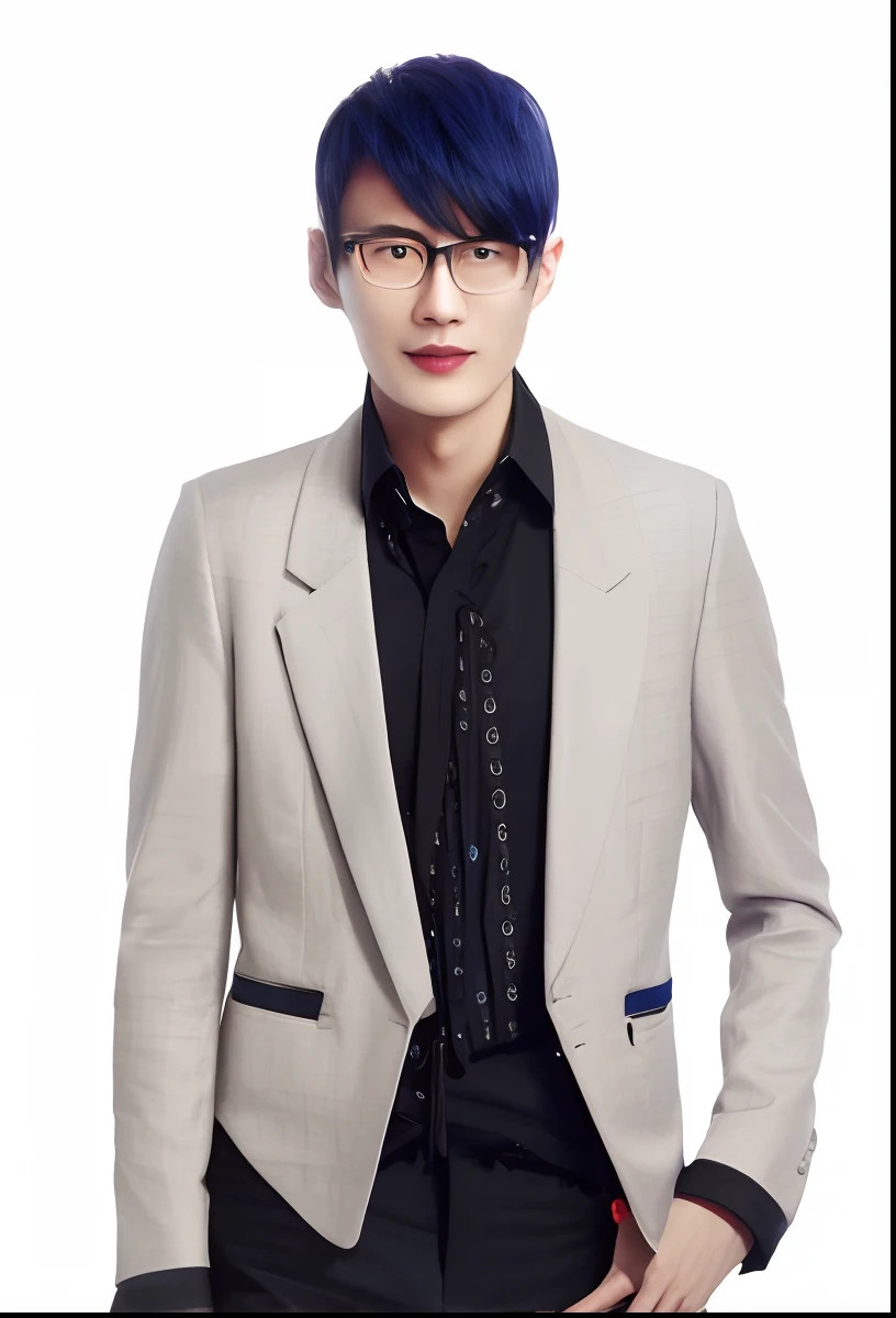 Blue-haired Alafard man in suit and black shirt, vae,wears glasses