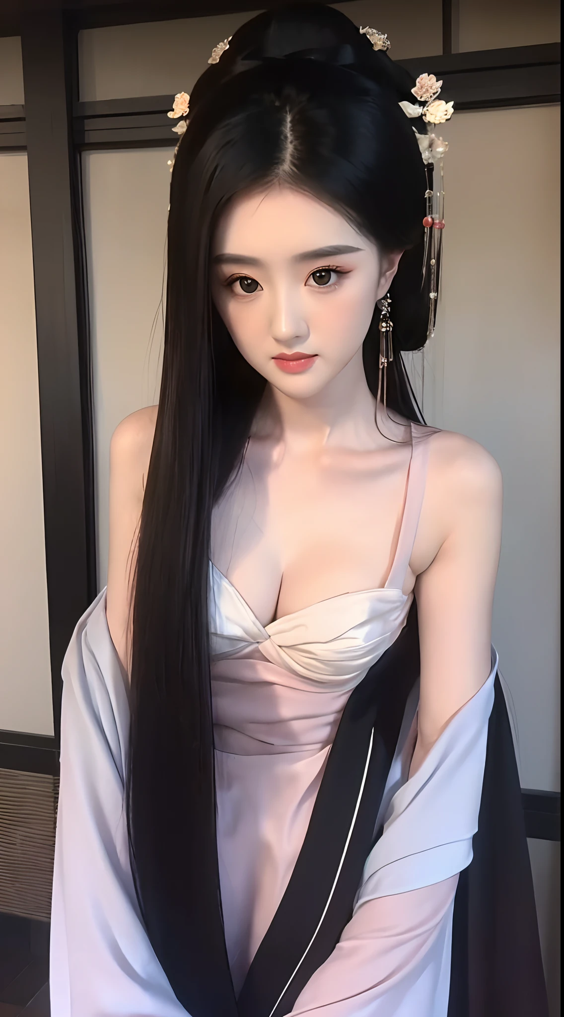 1 beautiful girl, long black hair, black eyes, Ancient Chinese style bun, wearing a thin silk shirt of ancient China, appears shoulders and head in the photo, (pout, embarrassed, small face makeup detailed and very beautiful, Enlarged breasts, regular round breasts, breast augmentation, balanced breasts, big boobs, blush, from front, from above, looking at viewer, upturned eyes, cleavage, masterpiece, top quality, best quality, official art, unity 8k wallpaper, highres, ultra-high res, ultra-detailed, (photorealistic:1.2), alone, solo, Only 1 girl, style hanfu Dunhuang,