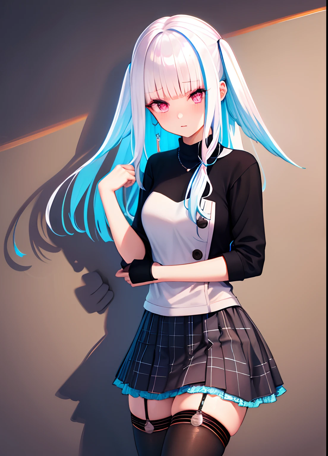 Masterpiece, High quality, Best quality, One girl, Long hair, Pink eyes, middlebreast, Black tied shirt, Plaid miniskirt, Black lace, Sweatshirt, Stockings, Makeup, Blush, Goth
