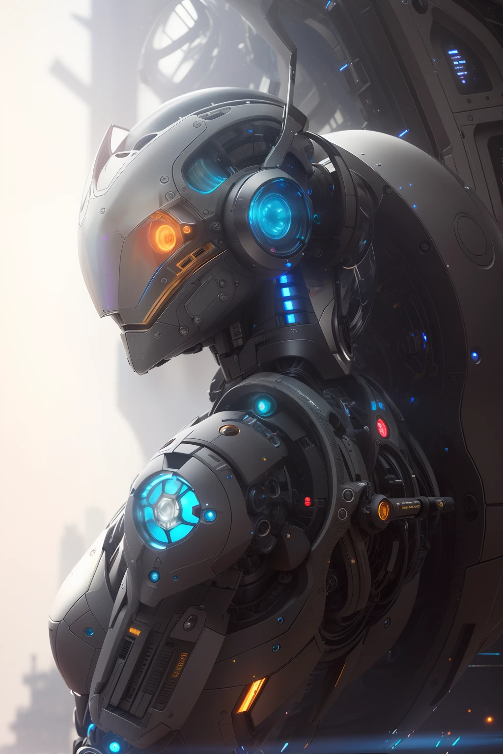1 robot,((hyper realistic detailed)),globalillumination,shadowing,rendering by octane,8k,Super sharp,metals,复杂,Decorations detailed,,highly intricate detail,realistic raytraicing,Mechanical limbs,blood vessels attached to the tube,A mechanical vertebrae attached to the back,Mechanical cervical connection of the neck,sitted,Bronze tones,Anatomically correct indescribable unimaginable robotic creatures, 4K, Realistic, Highest quality, red shift render, Cinematic, elegant, Hyperrealistic, rendering by octane, unreal, High definition, Highly detailed, Photo taken with Sony a7R camera, DSLR lens, trending on artstationh,((Wet oil))), complex 3d render ultra detailed of a, (( cyborg robot parts, )), 150 mm, Mannequil,(8k,RAW photos,best qualtiy,tmasterpiece,realisticlying,fidelity:1.35),dark studio,twotonelighting,Black humanoid mech,Mecha concept,Symmetrical position,saints,Holograms behind the head,((All-round,Glass masks,Glow from the inside)),Luminous decorative thread,Water droplets on mechs,Water Moisture,HC letter logo on the shoulder,frontage,concept-art,zbrush,artstation,Peter Mohrbacher,Alphonse Mucha,unreal-engine,octanerender,cereals