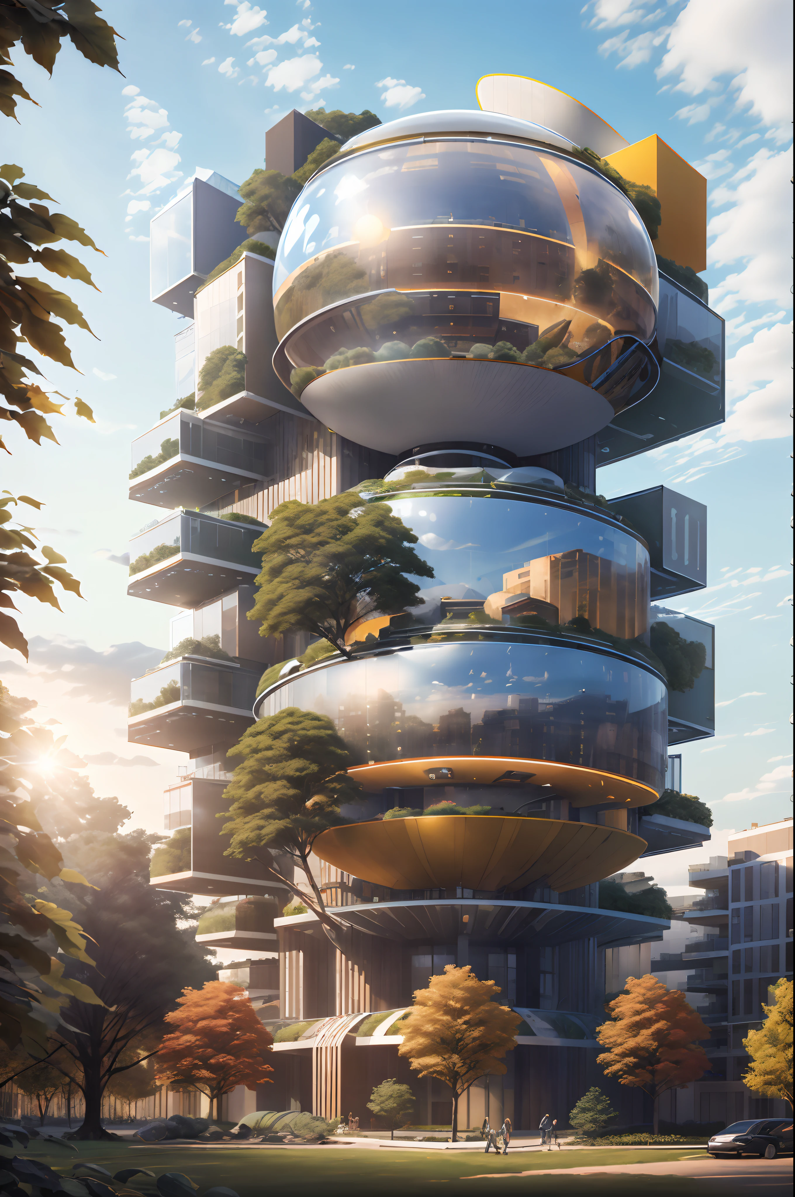 high solar energy technology, modern architecture, scientific home, semi-spherical exterior home, metallic, forest, daylight, sky, white cloud, realistic, futuristic, 8K, masterpiece, best quality, high resolution, extremely full detailed,