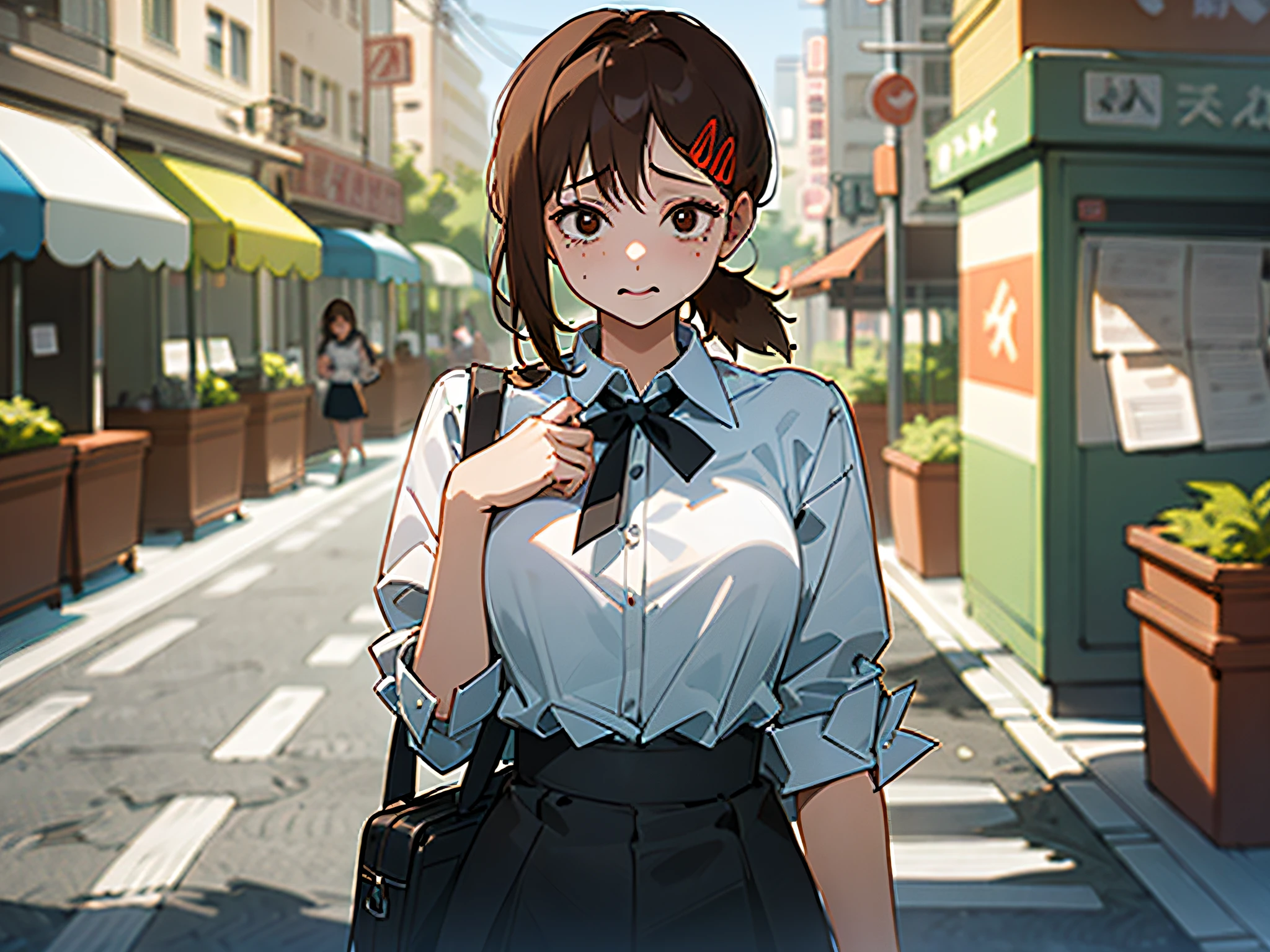 (((Masterpiece, Excellent)), (1girl), ((Cute Girl)), brown hair, cute expression, ((Office lady)), bangs, mid-chest, (Busty), slim, school clothing, street stalls, daily wind