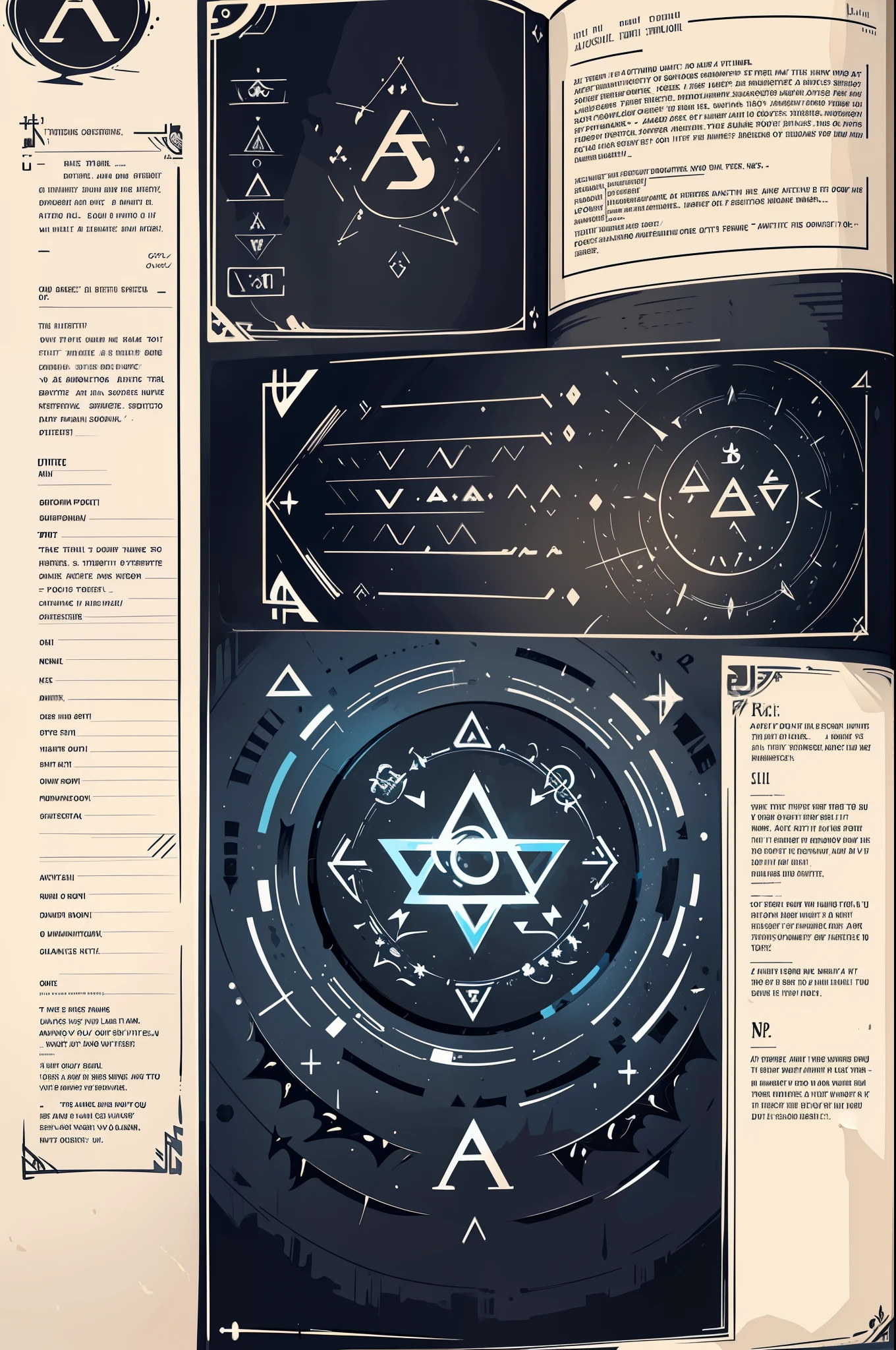 (CG illustrations)), ADVERTISING INSTRUCTIONS, text, (((The most detailed page))), black and white , (Ancient magical symbols are painted in large color),((Vector images)),((Magic runes))