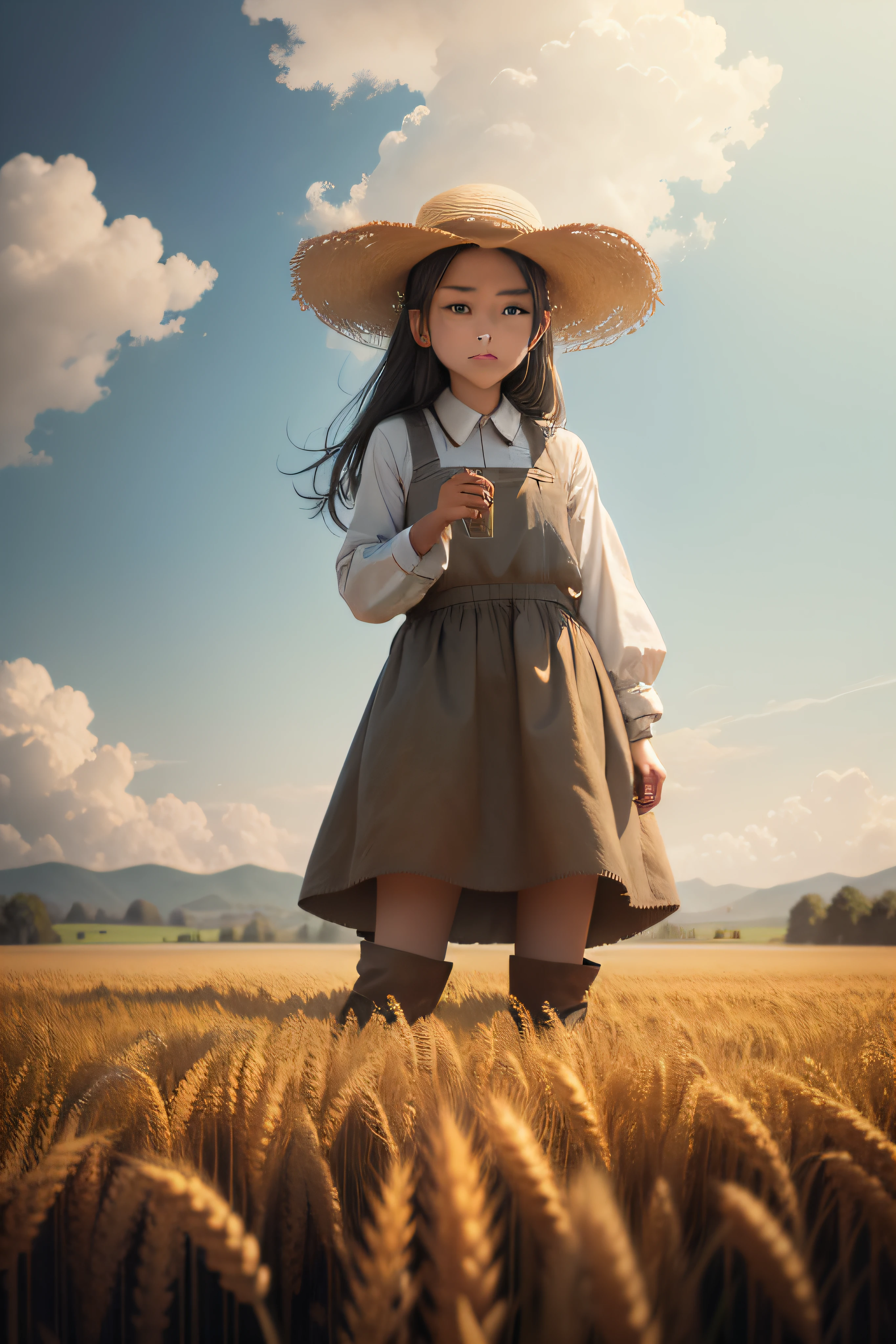 wheat field,A scarecrow stands in a wheat field,large clouds、blue-sky、rios、Rice fields,There are neat rice seedlings in the field,ln the forest,hillside,Quiet,rustic,high definition detail、hyper-detailing、cinematic ligh、ultra-realistic realism、Soft light、Deep field focus bokeh、Ray tracing and surrealism。