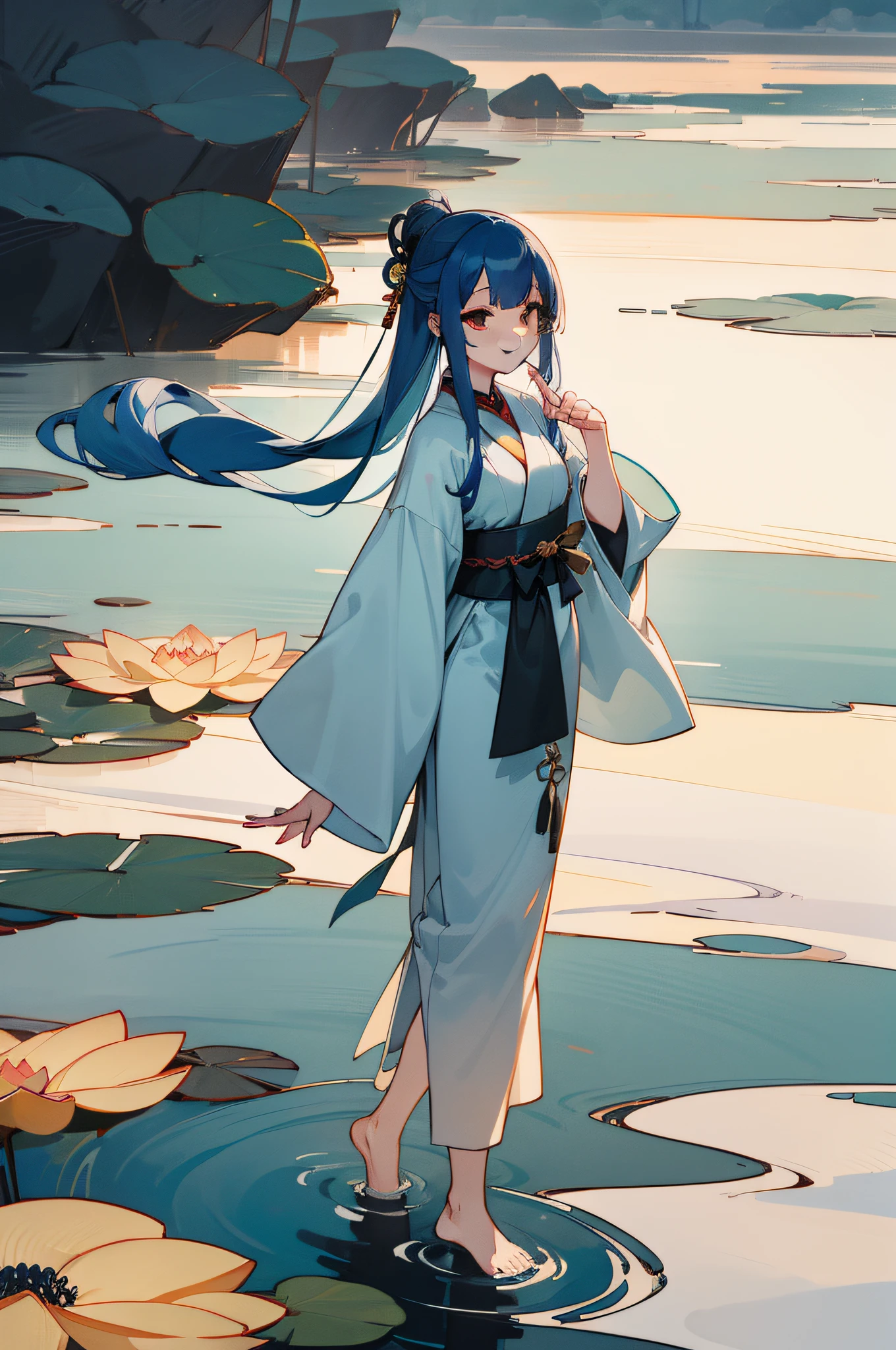 ((4k,masterpiece,best quality)), shuimobysim, traditional chinese ink painting, lotus, hanfu, maxiskit, dress conservatively 1girl, solo, long blue hair, smile, standing, feet in the water, barefoot,