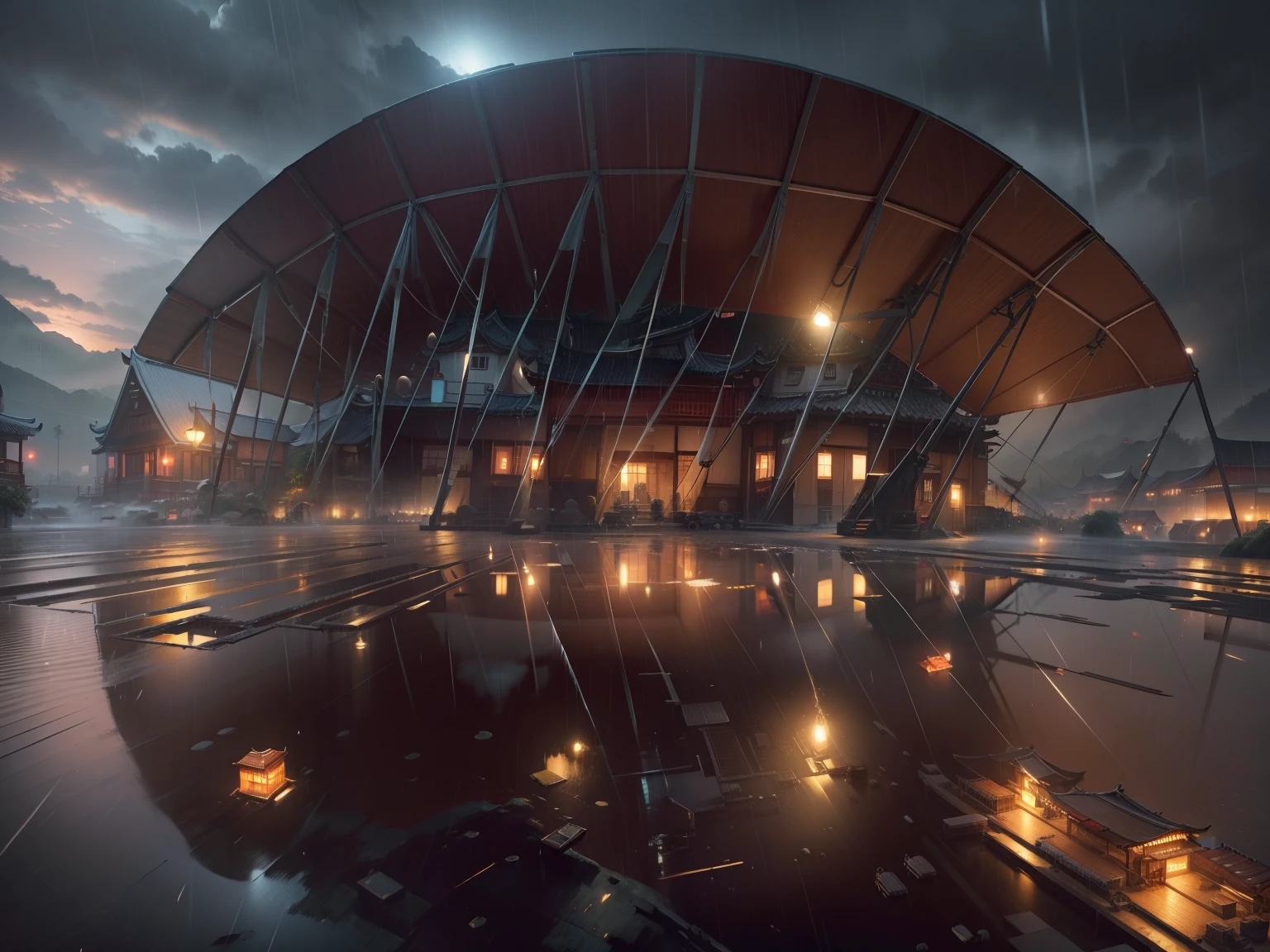 arafed view of a station building with a lot of lights on the buildings, dreamy chinese town, chinese village, amazing wallpaper, japanese town, japanese village, hyper realistic photo of a town, old asian village, japanese city, by Raymond Han, rainy evening, cyberpunk chinese ancient castle, beautifully lit buildings, at evening during rain, beautiful and aesthetic, photography, cinematic, 8k, high detailed ((Heavy rain)))