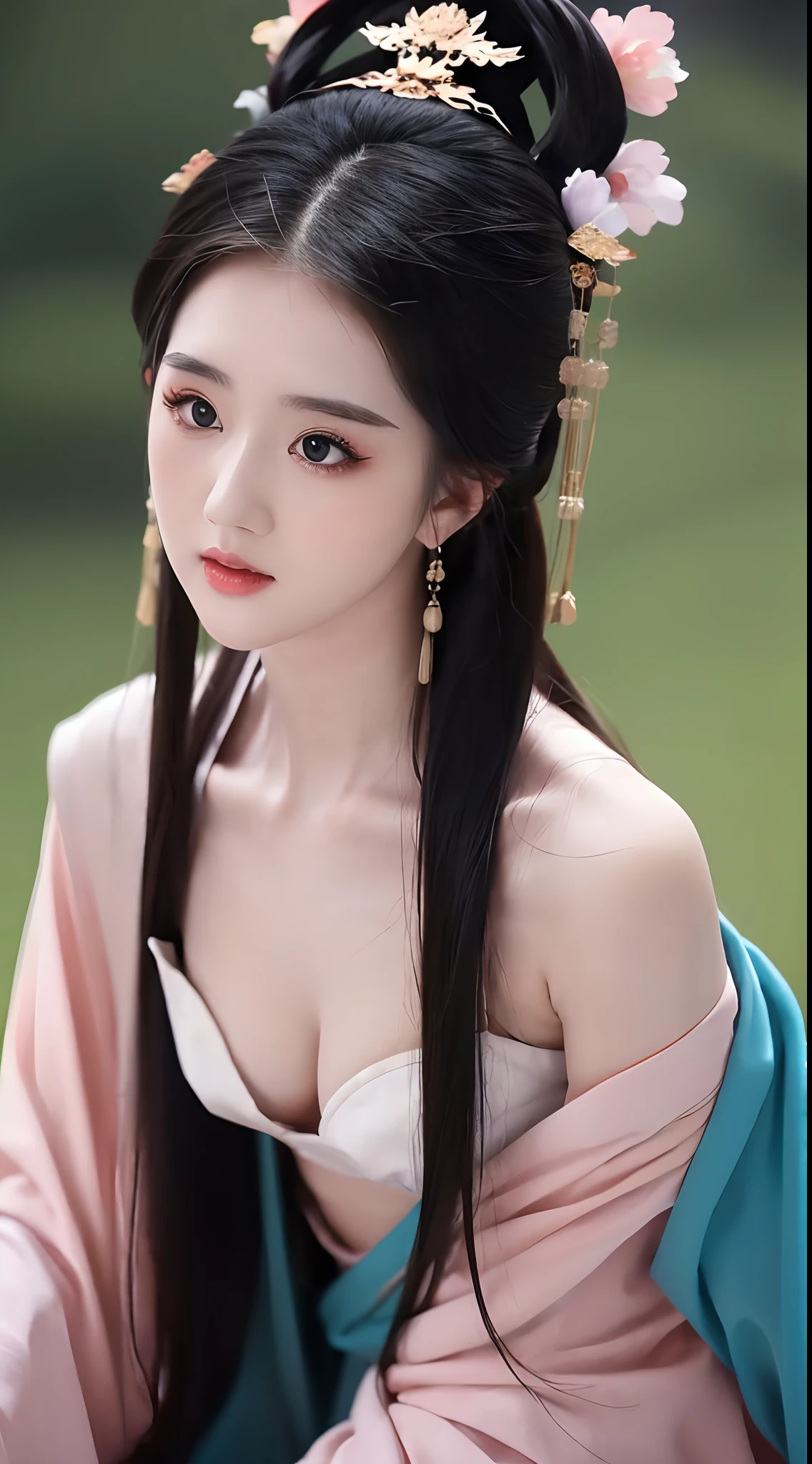 1 beautiful girl, long black hair, black eyes, Ancient Chinese style bun, wearing a thin silk shirt of ancient China, appears shoulders and head in the photo, (pout, embarrassed, small face makeup detailed and very beautiful, Enlarged breasts, regular round breasts, breast augmentation, balanced breasts, big boobs, blush, from front, from above, looking at viewer, upturned eyes, cleavage, masterpiece, top quality, best quality, official art, unity 8k wallpaper, highres, ultra-high res, ultra-detailed, (photorealistic:1.2), alone, solo, Only 1 girl, style hanfu Dunhuang,