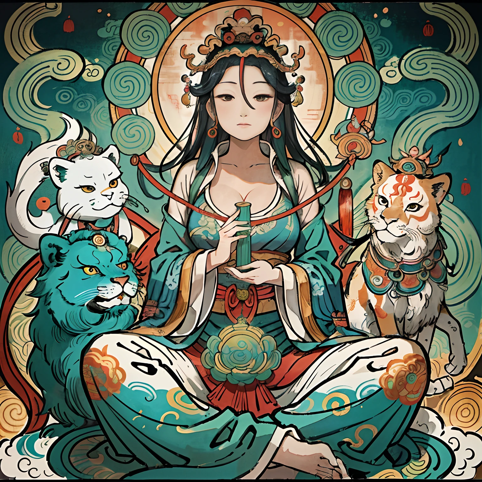 an ancient Chinese goddess, guanyin of the southern seas, Guanyin, Inspired by India, Avalokiteshvara rides a lion，,Serene expression,shui mo hua,Buddha,Buddhist,Lotus,Chinese painting style,Thangka style