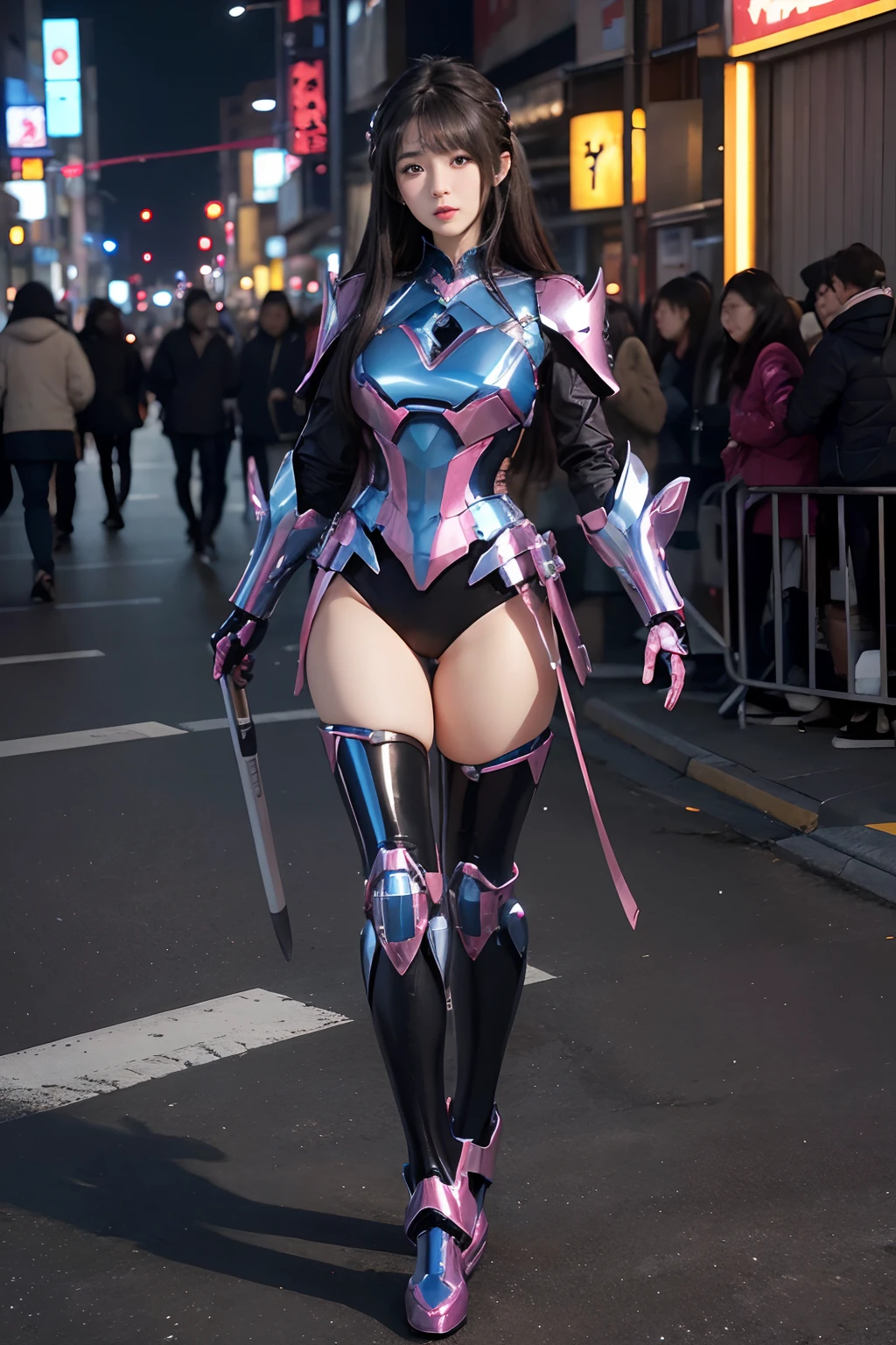 Top Quality, Full-body detail, blue chrome proportions, (dramatic lighting: 0.7), masterpiece, a mecha girl, pink, Metallic, robotic parts, Metal Parts, highly detailed face, Super trimmed face, Top Quality, smaller face, s whole body, Standing, Black hair, thin, Camera Gaze, Internal Mecha Exposure, idol, Live Action,, 8 heads, Gravure, Photo Session, Akihabara, Moe, frontage, Model Body Type, tearful, embarrassing, s whole body, Medium Tits, thick-thighs