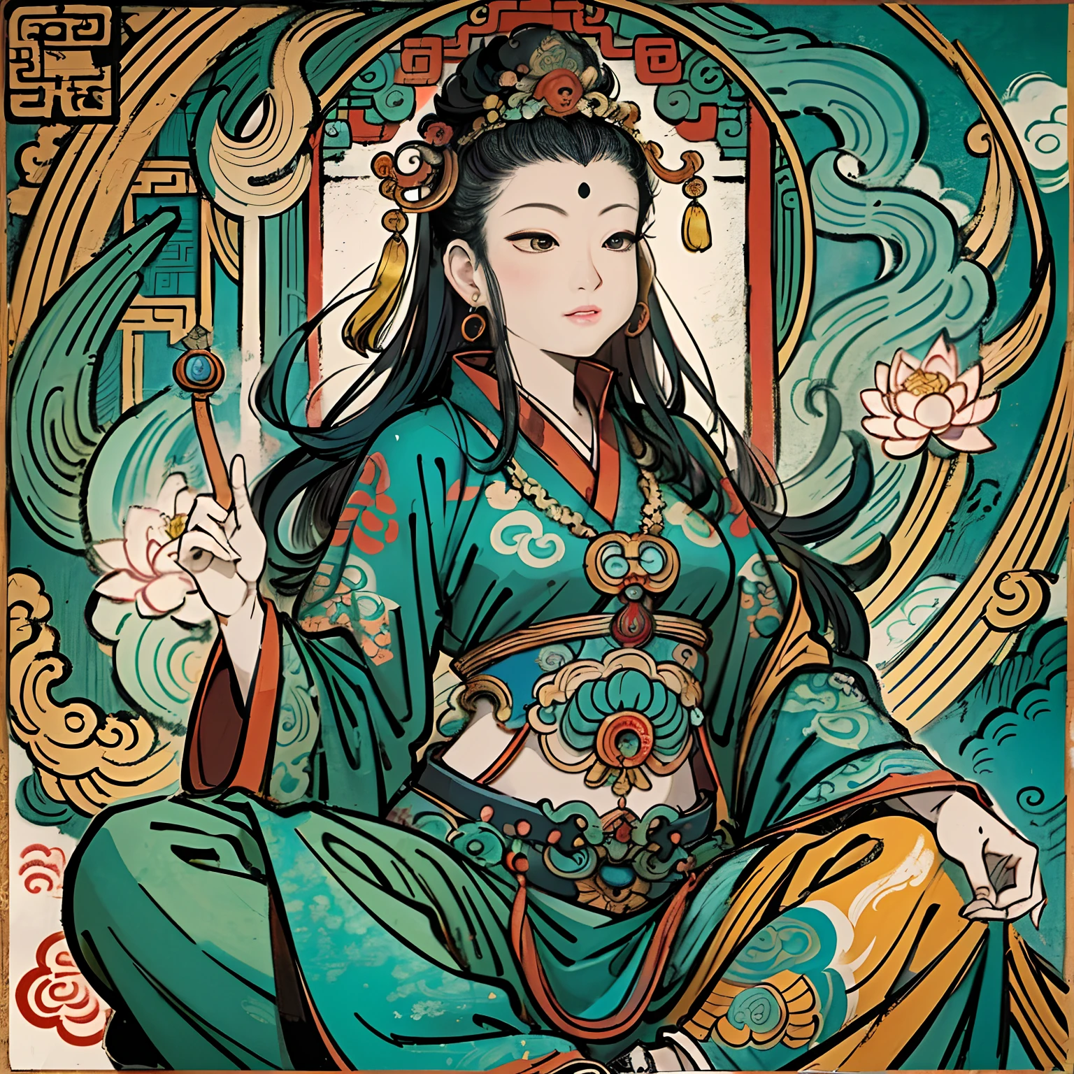 an ancient Chinese goddess, guanyin of the southern seas, Guanyin, Inspired by India, Avalokiteshvara rides a lion,,Serene expression,shui mo hua,Buddha,Buddhist,Lotus,Chinese painting style,Thangka style