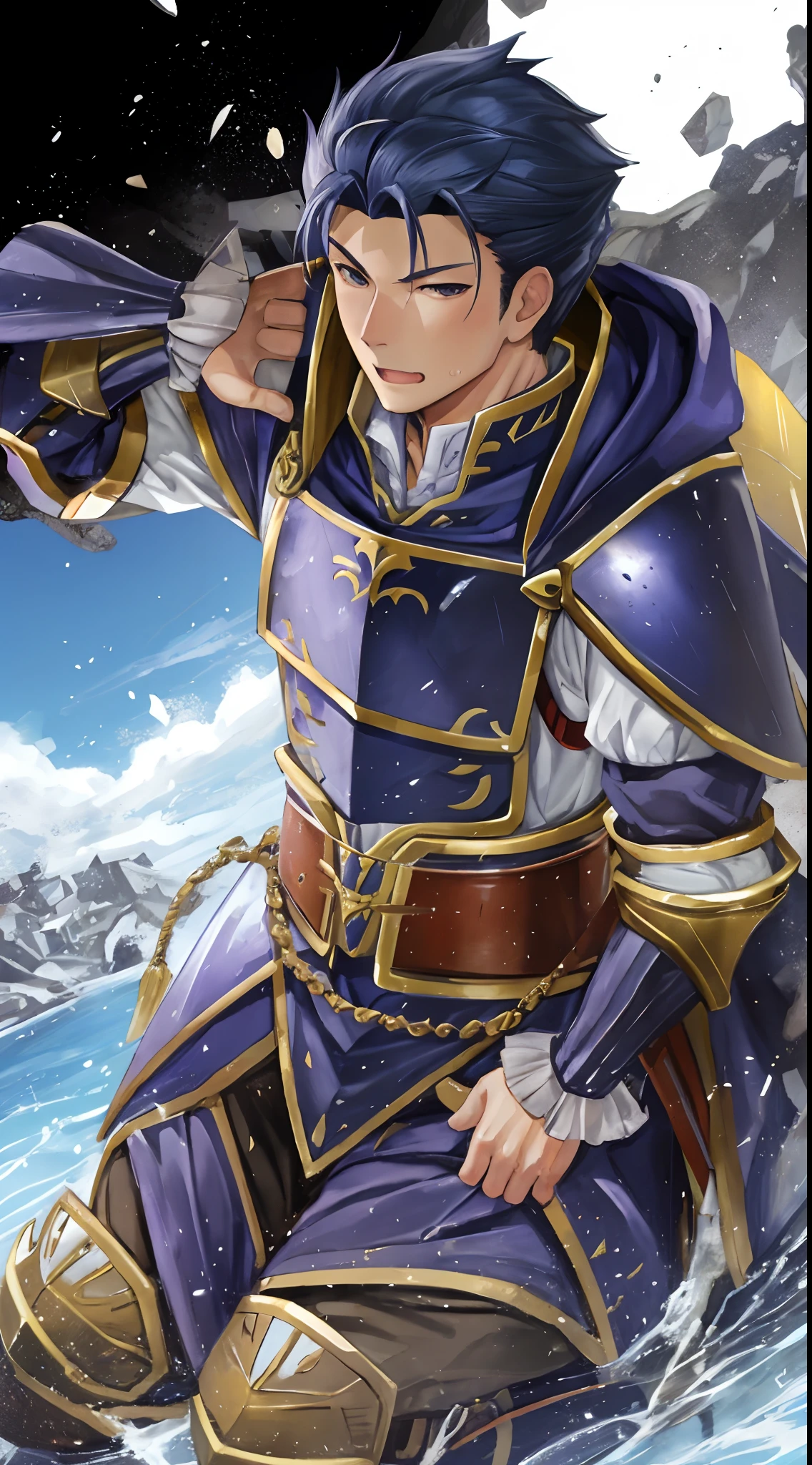 Hector Fey， 独奏， looking at viewert， Teasing laughter， Open your mouth，drools，perspire，Drenched，Get wet，mitts， 1 man， Male focus， sit astride，Cloak， Armour， Shoulder armor， POV from below
