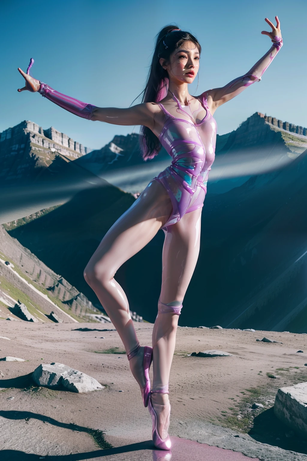 Splitting characters is prohibited,(Full body shot:2), Must show your face, (anatomy correct:2), (Dance on top of a mountain:2),The breath of nature,(Polished pointed toe heels:1.4),Patterned over-the-knee socks are mandatory, Keep your feet off the ground,(In pink|amarelo|blue colors|green color|red colour|white colors|black in color|purpleish color|greys|Beige|Flesh-colored),Qing dynasty printed clothing,(Accurate and perfect facial features:1.4), (gloss on the skin:1.8), (Skin reflects light:1.6),(gloss on the skin:1.8),(gloss on the skin:1.8),A shallow laugh, Complex and diverse backgrounds,Strangling effect,hyper HD, Ray traching, reflective light,structurally correct, Award-Awarded, high detal, lightand shade contrast, Face lighting,cinmatic lighting, tmasterpiece, super detailing, high high quality, high detal, best qualityer, 16k