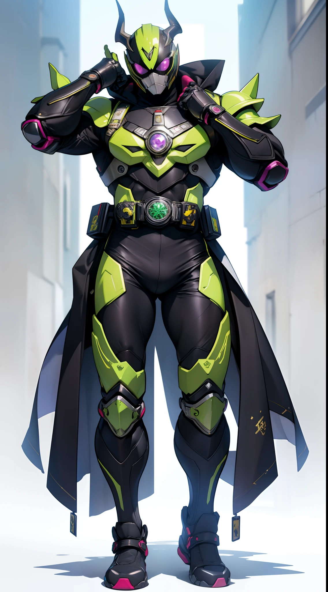 Kamen Rider、Superhero、mechanical suit、Body Armor、Mechanical Armor、Metallic texture、One Man、helmets、muffler、big eye、Heisei Kamen Rider、Body Armor、mechanical suit、cyberpunked、Near future、Vivid Color、full body Esbian、8K、Crisp Contours、tokusatsu、Transformation Belt、A bottle of liquid is stuck in the conversion belt like a cartridge、Kamen Rider with perfume motif、Electromechanical、male people、8 Head Body、Visible from head to toe、The scent of perfume wafts in the air、Japan Horn、bright body color、Japanese Katana Sword、Knives、Take action、Acrobatic stance、Kamen Rider Eau de Parfum、Fashionable、ciber、Near future、Theme color is green、wicked、Dark Hero、Dark Rider、disaster々Atmosphere、Vivid Purple、golden colored、Body armor with a lot of decoration、Evil Chief、Reiwa Kamen Rider、Elements of each glowing part、wicked、demon king、Oda Nobunaga、cloaks、gold、A black、Skull motifs、cruel、Final form、With tenko、colourfull、appearance々arm、Luxurious and heavy々Shishi Armor、Gold and Platinum、Grasshopper motif、The Strongest Kamen Rider、Green aura、Mechanical Armor