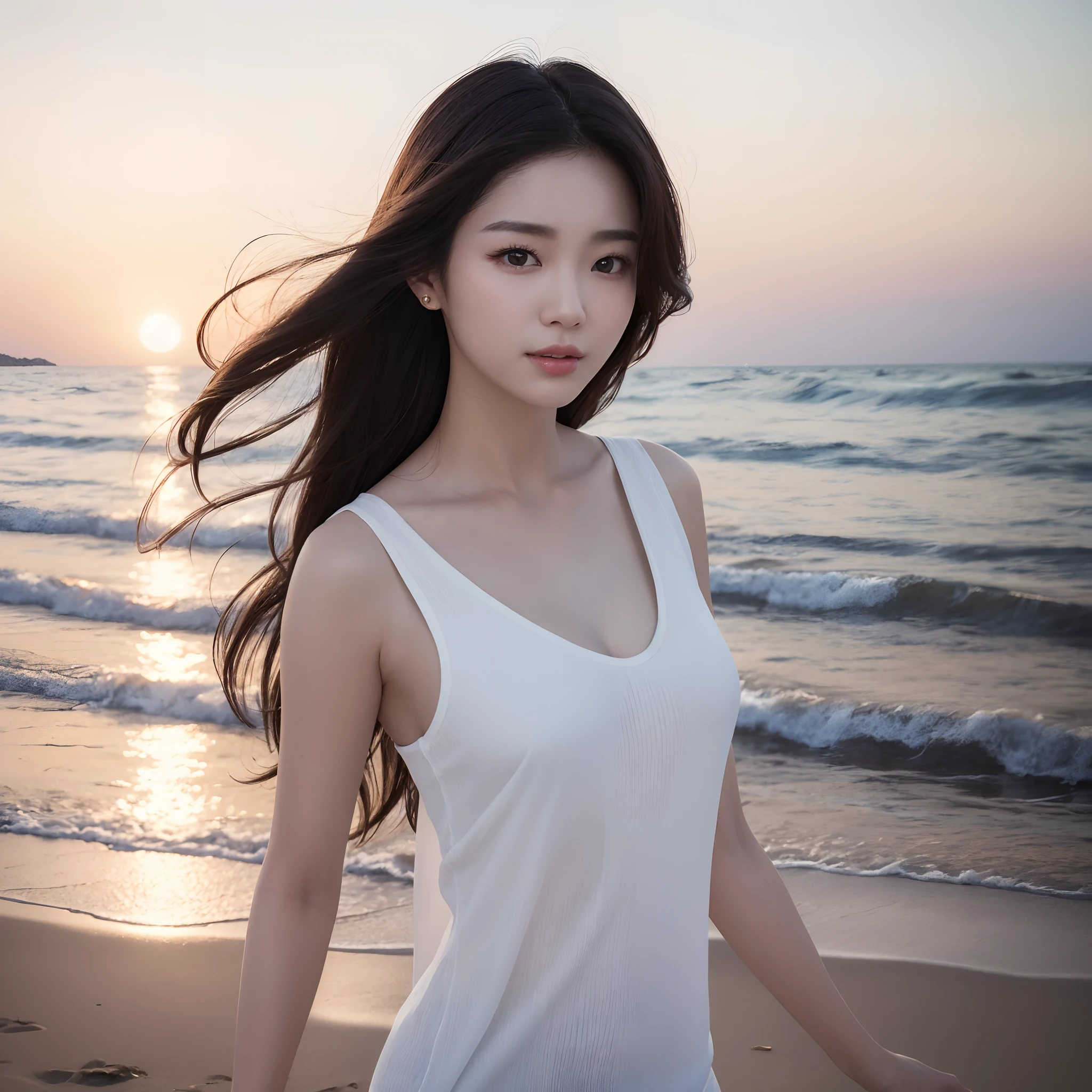 One lady、((best qualtiy、8k masterpieces:1.3))、foco nítido:1.2、(ultra beautiful faces:1.0)、(shinny skin:1.0)、photos realistic、A dark-haired、Video Lighting、High-definition eyes and face、Video Lighting、(Korean Cute Actress)、from the front side、medium breasts、ssmile、Sleeveless、Slender Abs Beauty、Whole body、Wearing a white blouse、On the beach at night