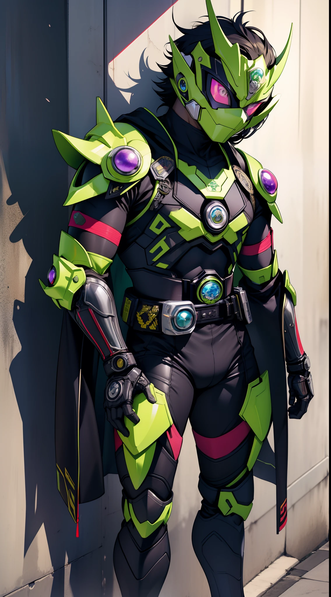 Kamen Rider、Superhero、mechanical suit、Body Armor、Mechanical Armor、Metallic texture、One Man、helmets、muffler、big eye、Heisei Kamen Rider、Body Armor、mechanical suit、cyberpunked、Near future、Vivid Color、full body Esbian、8K、Crisp Contours、tokusatsu、Transformation Belt、A bottle of liquid is stuck in the conversion belt like a cartridge、Kamen Rider with perfume motif、Electromechanical、male people、8 Head Body、Visible from head to toe、The scent of perfume wafts in the air、Japan Horn、bright body color、Japanese Katana Sword、Knives、Take action、Acrobatic stance、Kamen Rider Eau de Parfum、Fashionable、ciber、Near future、Theme color is green、wicked、Dark Hero、Dark Rider、disaster々Atmosphere、Vivid Purple、golden colored、Body armor with a lot of decoration、Evil Chief、Reiwa Kamen Rider、Elements of each glowing part、wicked、demon king、Oda Nobunaga、cloaks、gold、A black、Skull motifs、cruel、Final form、With tenko、colourfull、appearance々arm、Luxurious and heavy々Shishi Armor、Gold and Platinum、Grasshopper motif、The Strongest Kamen Rider、Green aura、Mechanical Armor