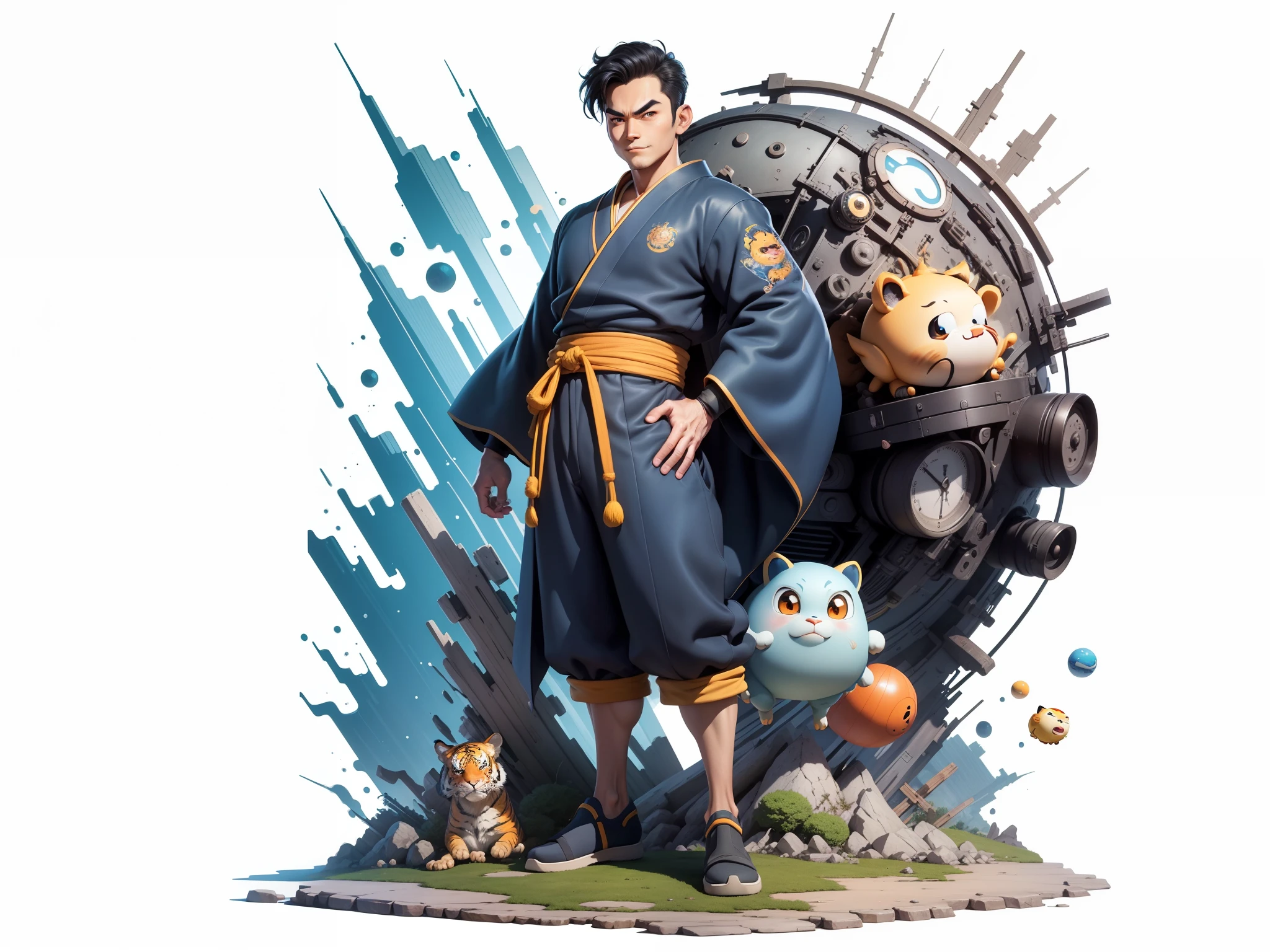 (Masterpiece), (Excellent), (Super Meticulous), (Full Body: 1.2), Super Young Man, Oriental Face, Japanese Kimono, Japanese Wind Thunder God, Dragon, Tiger, TV Anchor, Bust Portrait Illustration, Alone, Black Suit, Blue Tie, Slightly Chubby Face, Very Clean Face, No Beard, Black Super Short Hair, Black Eyes, Confident Smile, 3c Computer Sub-Products, iPad, iPhone, Digital Painting, 3D Character Design by Akira Toriyama and Mark Claireden and Pixar and Hayao Miyazaki, The illustration is a high-definition illustration in 4K resolution with very detailed facial features and cartoon-style visuals.