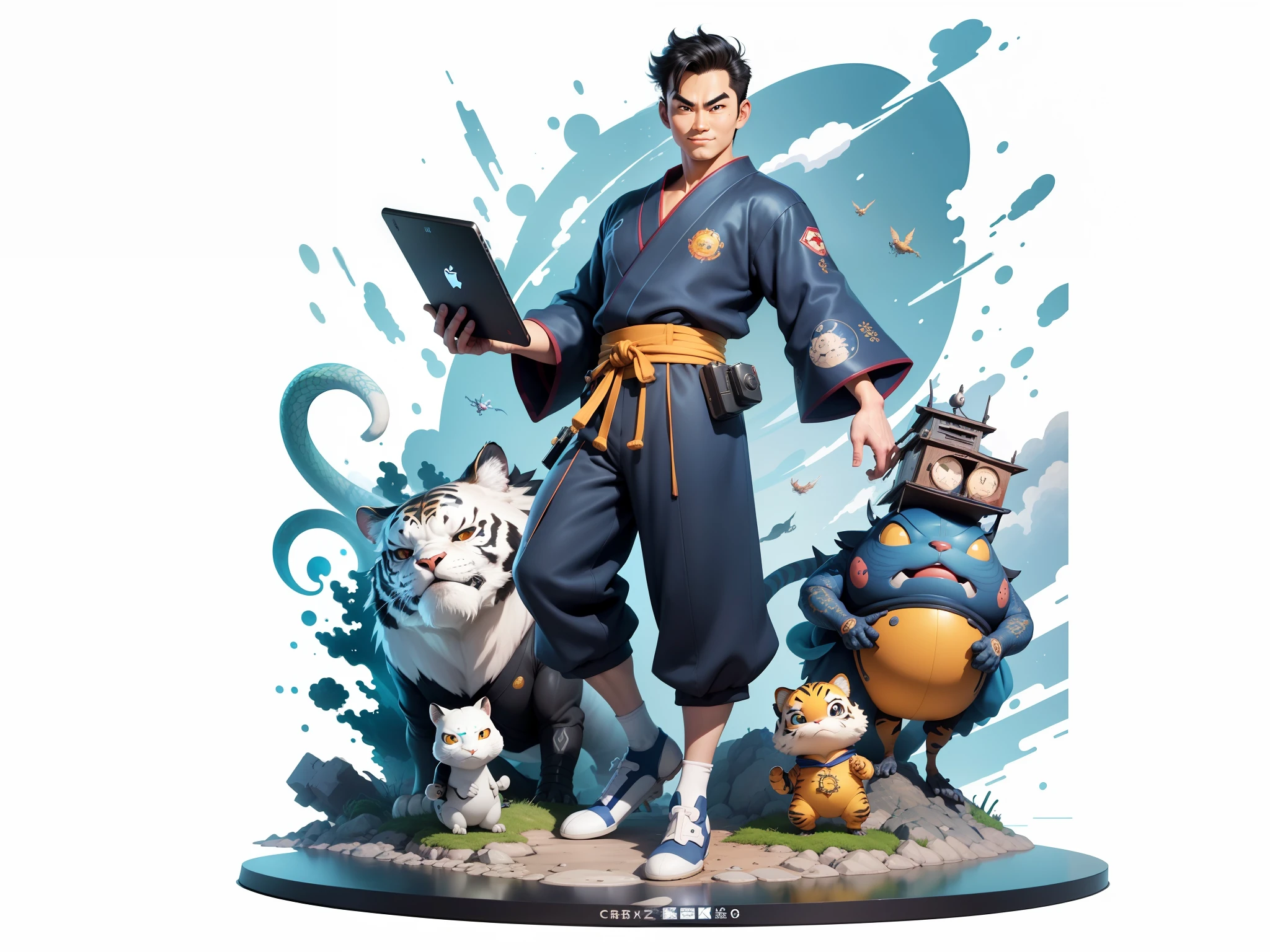 (Masterpiece), (Excellent), (Super Meticulous), (Full Body: 1.2), Super Young Man, Oriental Face, Japanese Kimono, Japanese Wind Thunder God, Dragon, Tiger, TV Anchor, Bust Portrait Illustration, Alone, Black Suit, Blue Tie, Slightly Chubby Face, Very Clean Face, No Beard, Black Super Short Hair, Black Eyes, Confident Smile, 3c Computer Sub-Products, iPad, iPhone, Digital Painting, 3D Character Design by Akira Toriyama and Mark Claireden and Pixar and Hayao Miyazaki, The illustration is a high-definition illustration in 4K resolution with very detailed facial features and cartoon-style visuals.