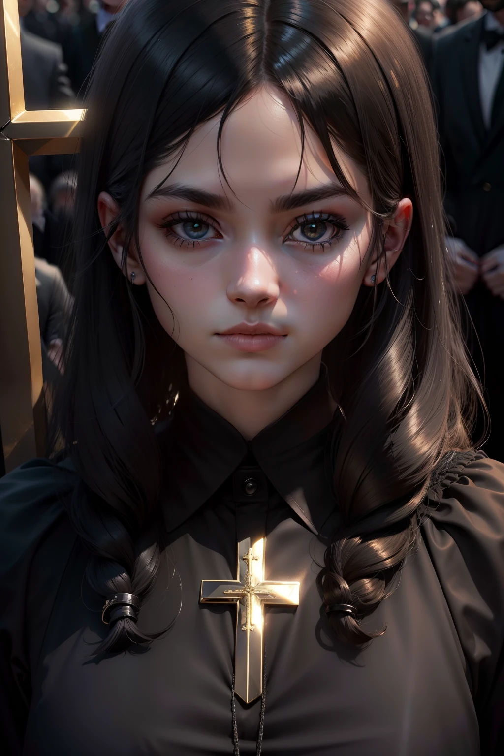 funeral, Black coffin closed with a golden cross and people gathered around it at a wake, all wearing black clothes;, (obra-prima) (8k high resolution) (melhor qualidade) (Ultra Definition) (Ultra realista)(Foto RAW) (Foto realista) (bright illumination)