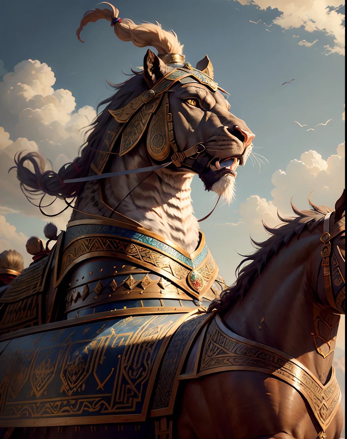 Arabian warrior medieval moroccan bald beard handsome muscular full moroccan Armor riding great Legendary roaring lion super detailed hyper realistic faces Wear leads troops in moroccan environnement Master piece super detailed hyper realistic 3 points perspective Dynamic pose