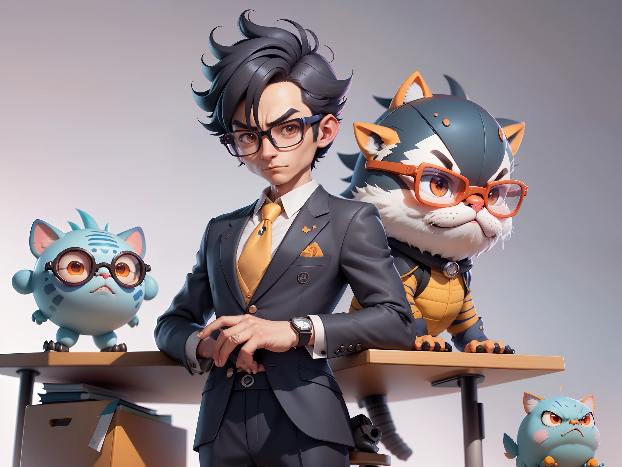 A young man in a suit, Short hair and glasses sat at his desk,holding laptop,digitial painting,tigre,3D character design by Mark Clairen and Pixar and Hayao Miyazaki and Akira Toriyama,4K HD illustration,Very detailed facial features and cartoon-style visuals。