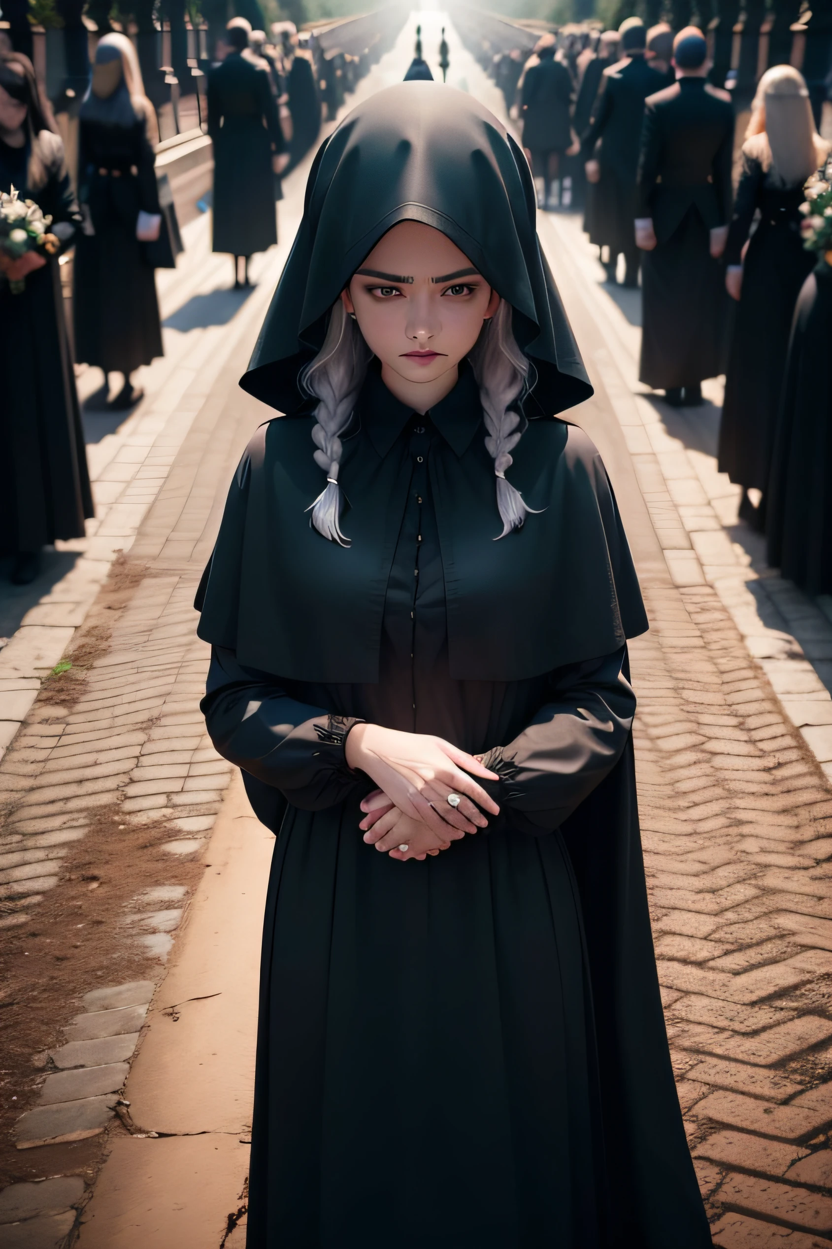 People singing dressed in black near a coffin, em um funeral (Obra-prima) (8k high resolution) (Melhor Qualidade) (Ultra Definition) (Ultra Realista)(Foto RAW) (Foto realista) (bright illumination)