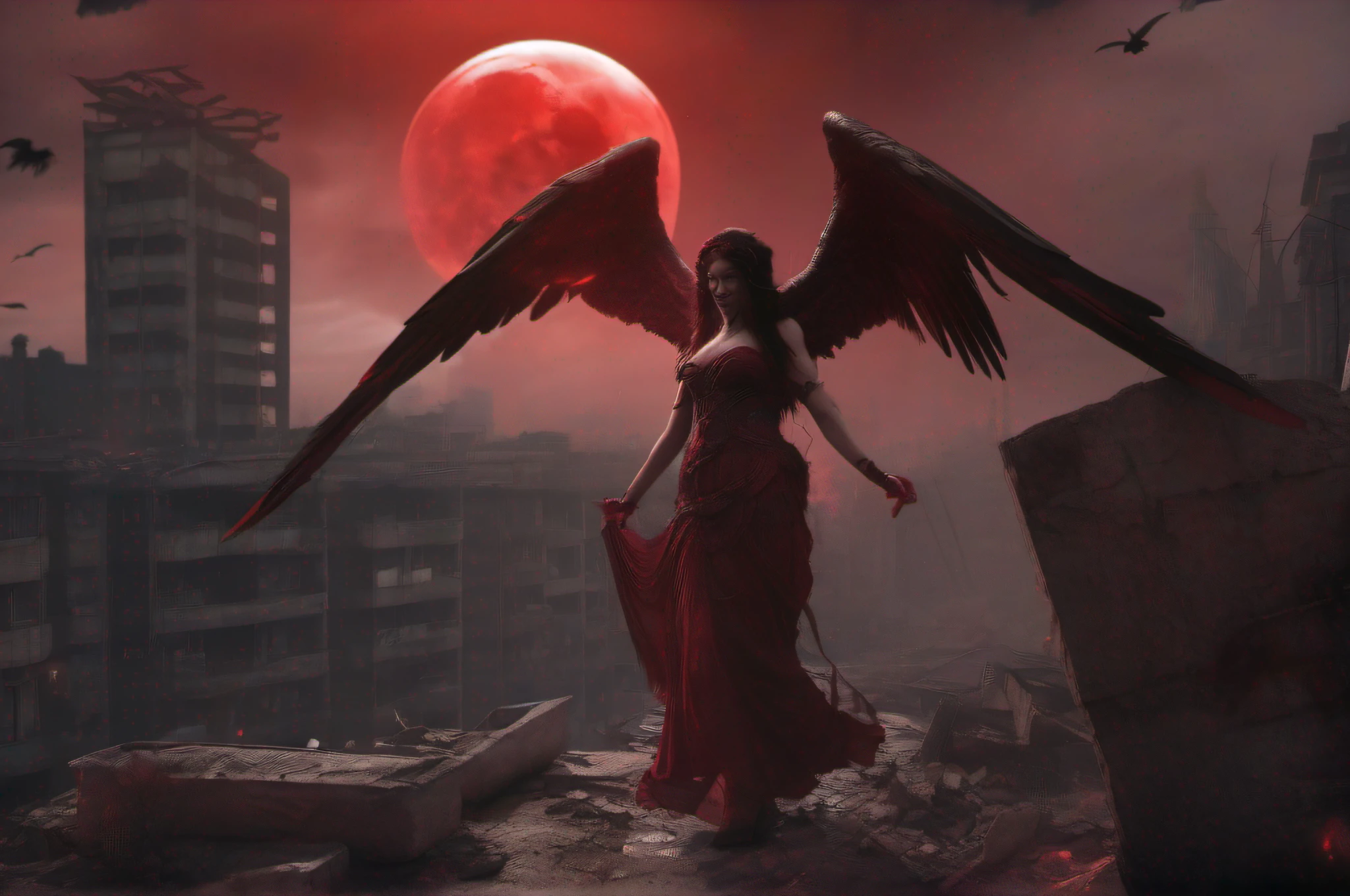 «An ominous blood red moon in a smoke filled sky overlooks a crumbling apocalyptic city street ravaged by war. A evil and alluring fallen angel, red wings spread, descends carrying a trident. Her piercing eyes glare with malcontent. Extremely detailed matte painting, cinematic vivid colors, volumetric lighting, Unreal Engine, 8K»