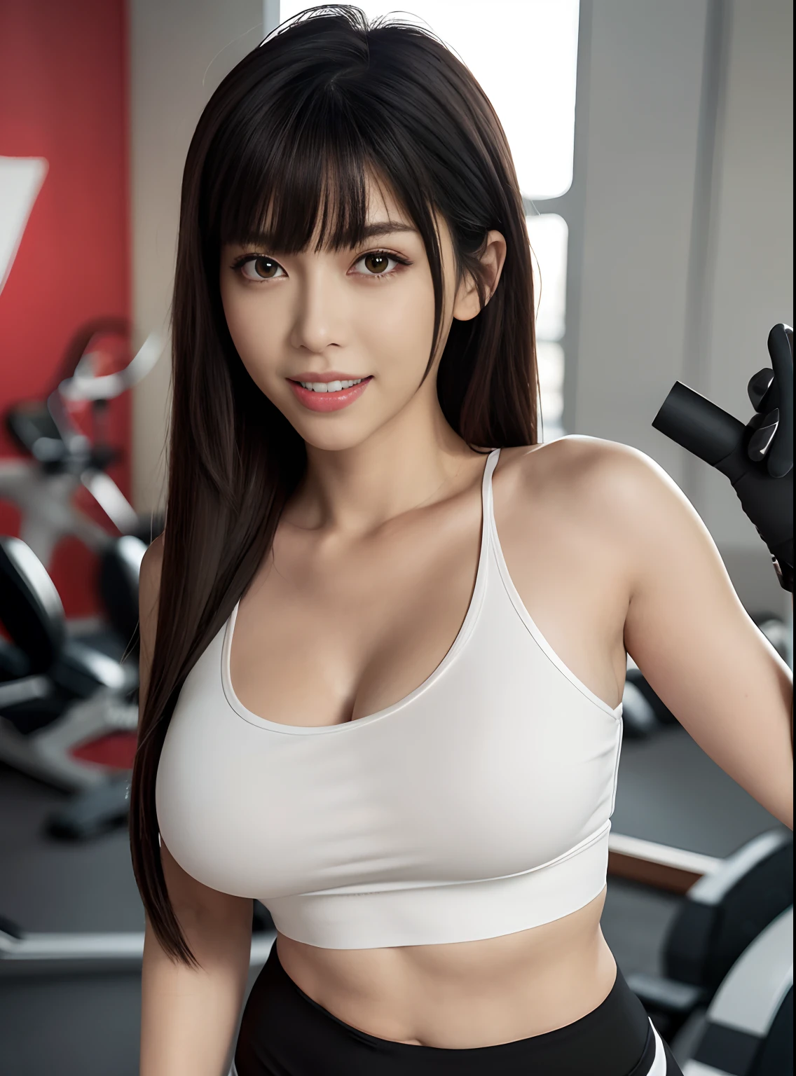 masterpiece, best quality, high quality, ultra-realistic, anime style, woman {wearing nike leggings,blouse, black}, hands on breasts, grabbing on breasts, [best shadows, best lighting]:: 0.8, hd, hdr, 4k) gym, highly detailed{ lips half-open, face perfect}, (medium breasts: 1.4), (skindentation), thick thighs, wide hips, high, glossy coral lips, hair {loose, very long, straight, black, bangs,  Naruto's Hyuuga hinata} (focus on highly detailed{red:3.4, crazy, excited, obsessive, bright} eyes, abera mouth, (evil smile), (focus on well-designed, highly detailed, perfect pupils)