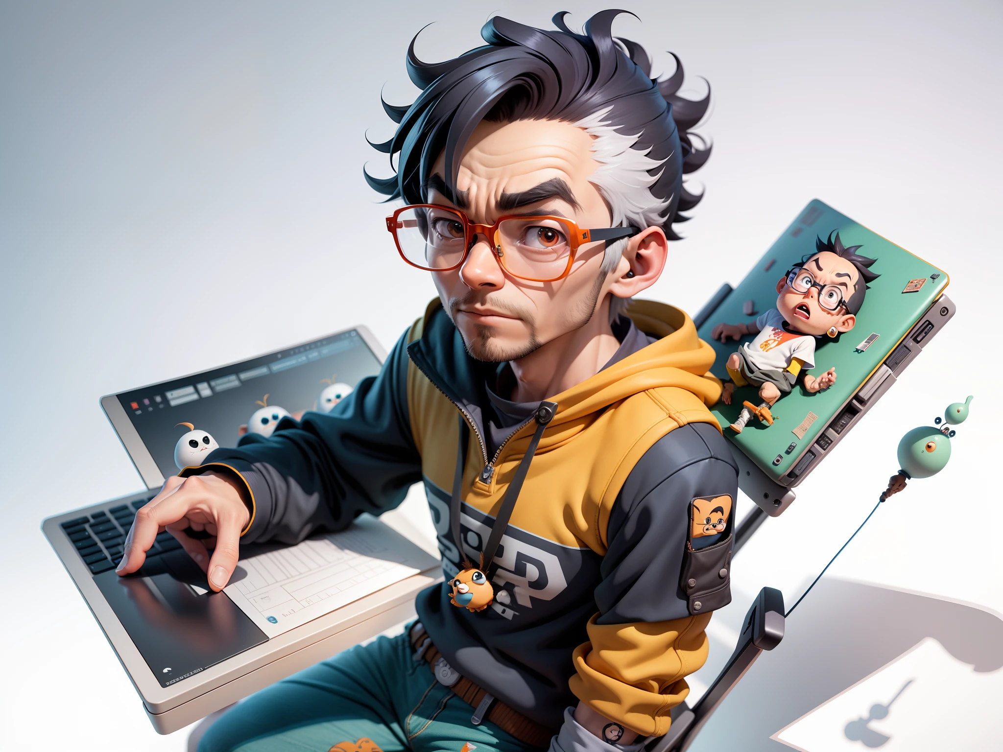 A young man with glasses sits at his desk,holding laptop,digitial painting,3D character design by Mark Clairen and Pixar and Hayao Miyazaki and Akira Toriyama,4K HD illustration,Very detailed facial features and cartoon-style visuals。