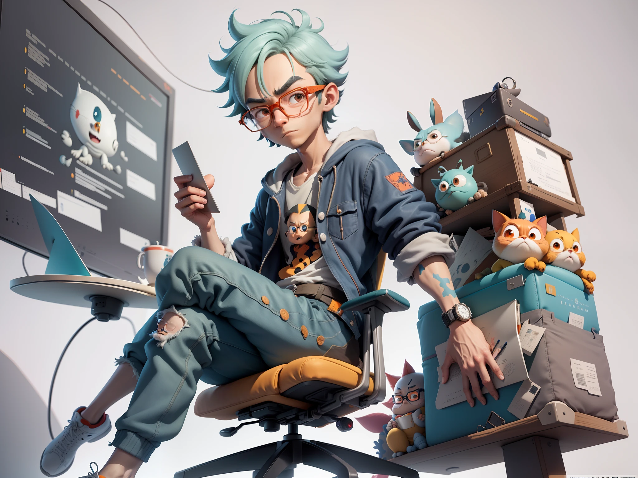 A young man with glasses sits at his desk，holding laptop，digitial painting，3D character design by Mark Clairen and Pixar and Hayao Miyazaki and Akira Toriyama，4K HD illustration，Very detailed facial features and cartoon-style visuals。