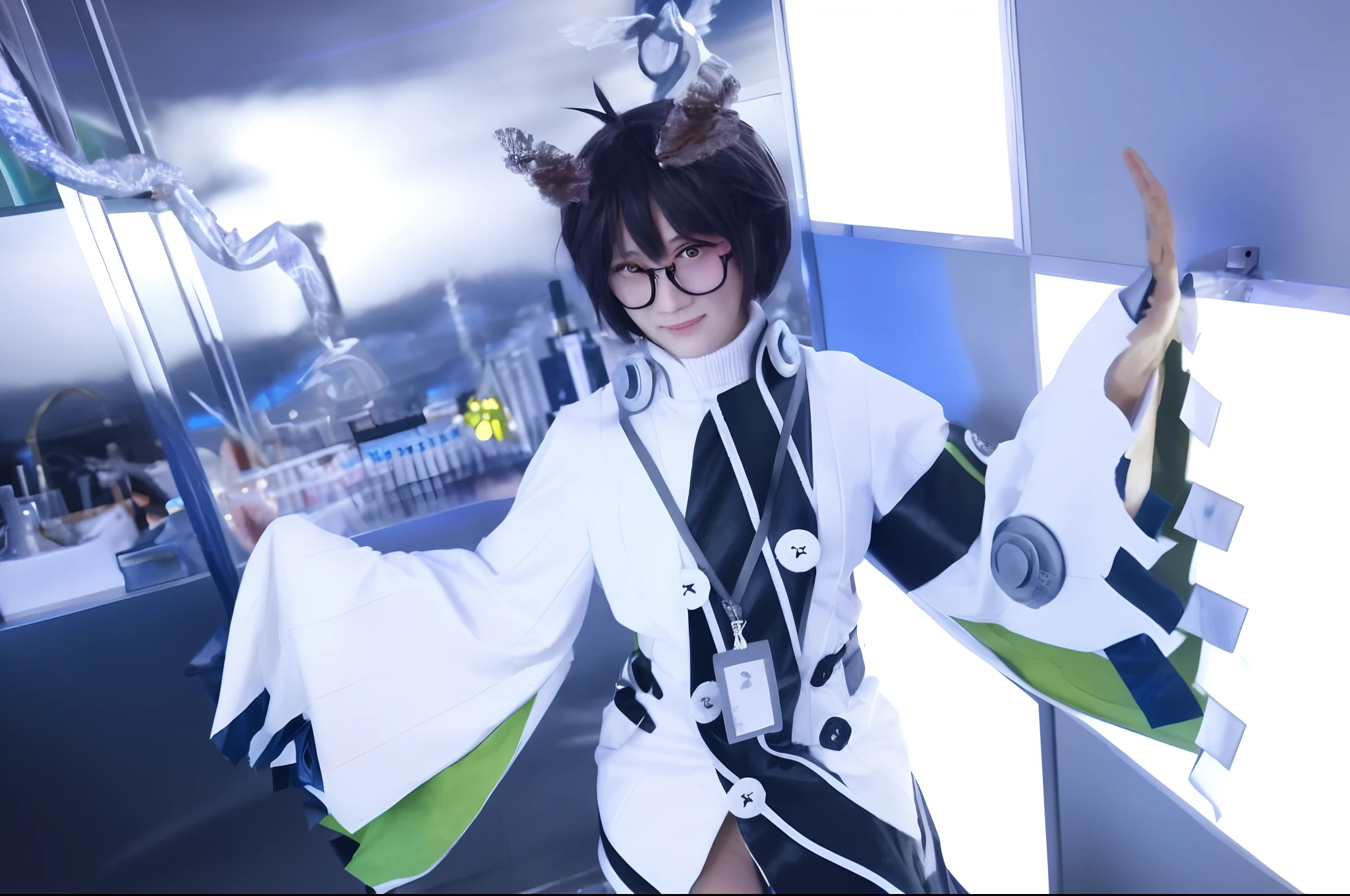 Anime cosplayers pose for photos in white and black costumes, Anime cosplay,dress, cosplay foto, Anime girl cosplay,vae,wears glasses