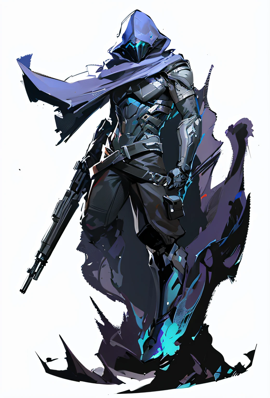 um close up de uma pessoa com uma arma em uma rocha, Benedick Bana, Corvo Attano, Ceifador de Overwatch, Fanart de Destiny, assassino cyberpunk, badass anime 8 k, vestido com armadura furtiva, Tiroteio, estilo de arte death stranding, Warframe Destiny Fanart, metal gear solid art style, fanart warframe de alta qualidade, Arte HD, make it be inside the Valorant Ascent map and that it jets in night mode and cloudy weather