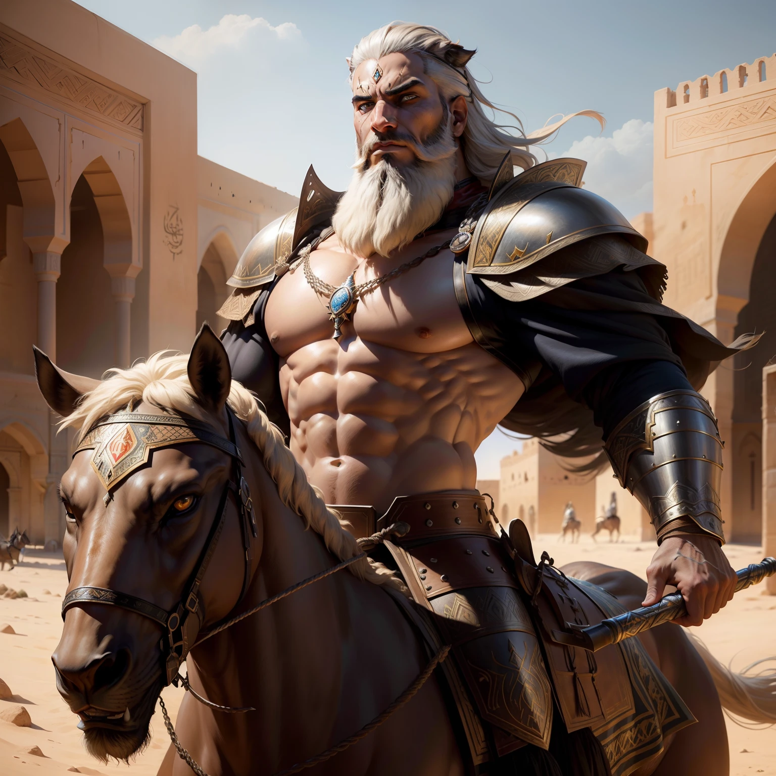 Arab warrior Super detailed face glowing eyes light medieval Moroccan bald beard handsome muscular Moroccan armor full ride legendary roaring lion super detailed hyper realistic faces Wear leads troops in the Moroccan environment Super detailed centerpiece hyper realistic 3 points perspective Dynamic pose