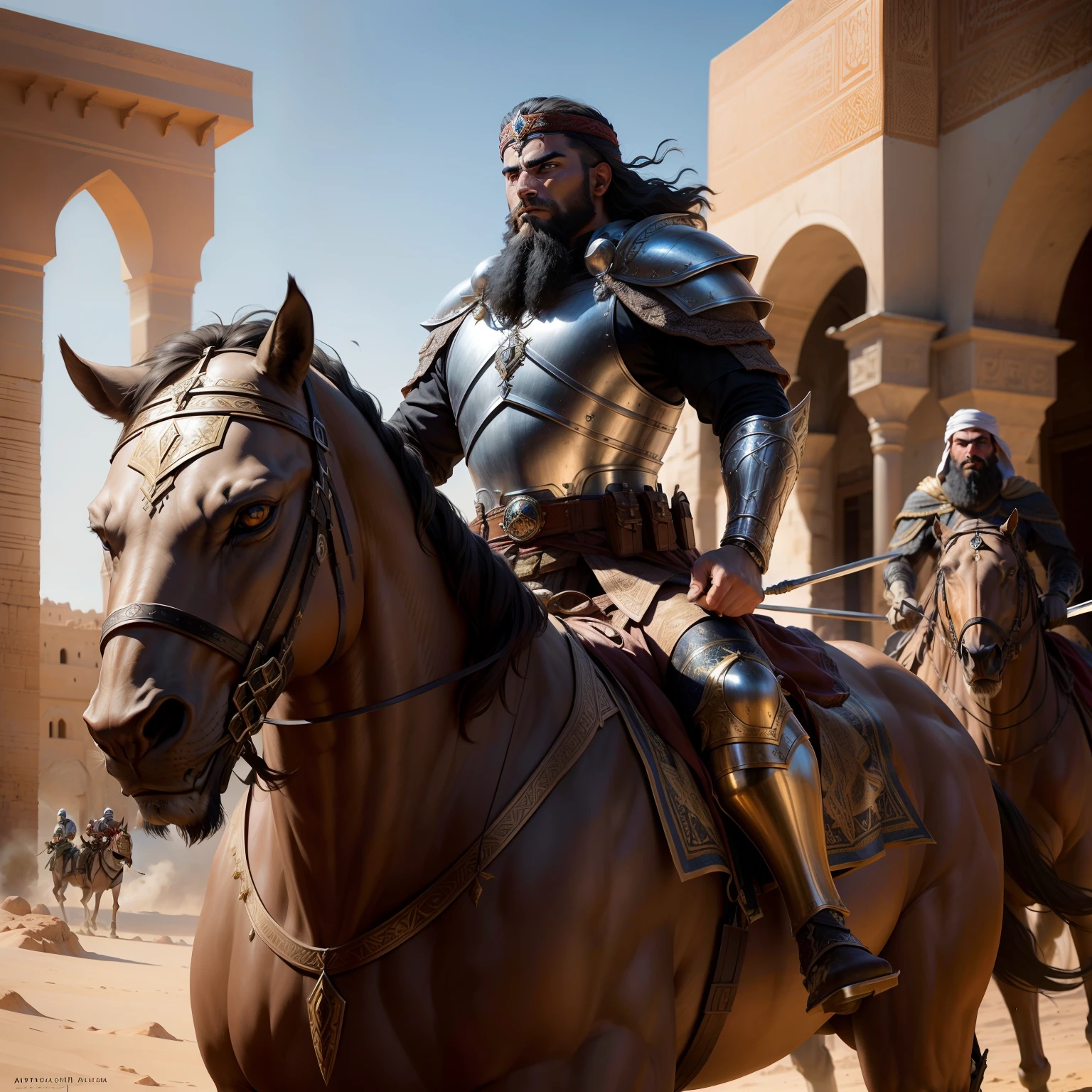Arab warrior Super detailed face glowing eyes light medieval Moroccan bald beard handsome muscular Moroccan armor full ride legendary roaring lion super detailed hyper realistic faces Wear leads troops in the Moroccan environment Super detailed centerpiece hyper realistic 3 points perspective Dynamic pose