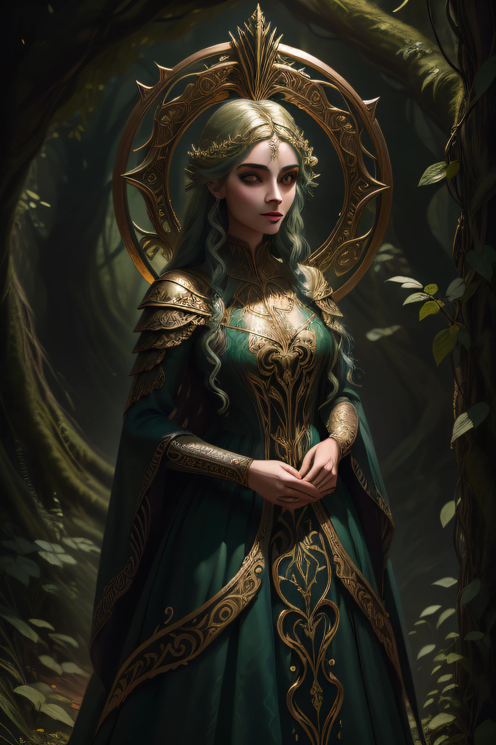 a drawing of a woman in a dress with a golden halo, raios nos olhos, an elegant gothic princess, design de personagens : : lo gothic, as a mystical valkyrie, humano :: feiticeira, Inspirado em Reyna Rochin, fae sacerdotisa, uma rainha elfa, Wearing a flowing dress, inspirado em Warwick Goble, costume desig, inspirado em Harry Clarke