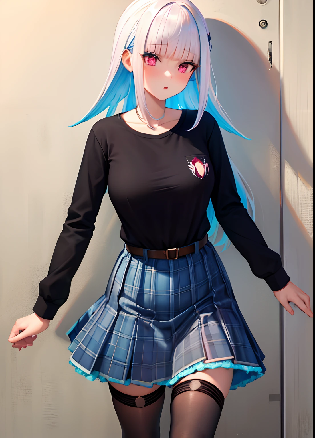 Masterpiece, High quality, Best quality, One girl, Long hair, Pink eyes, middlebreast, Black tied shirt, Plaid miniskirt, Black lace, Sweatshirt, Stockings, Makeup, Blush, Goth
