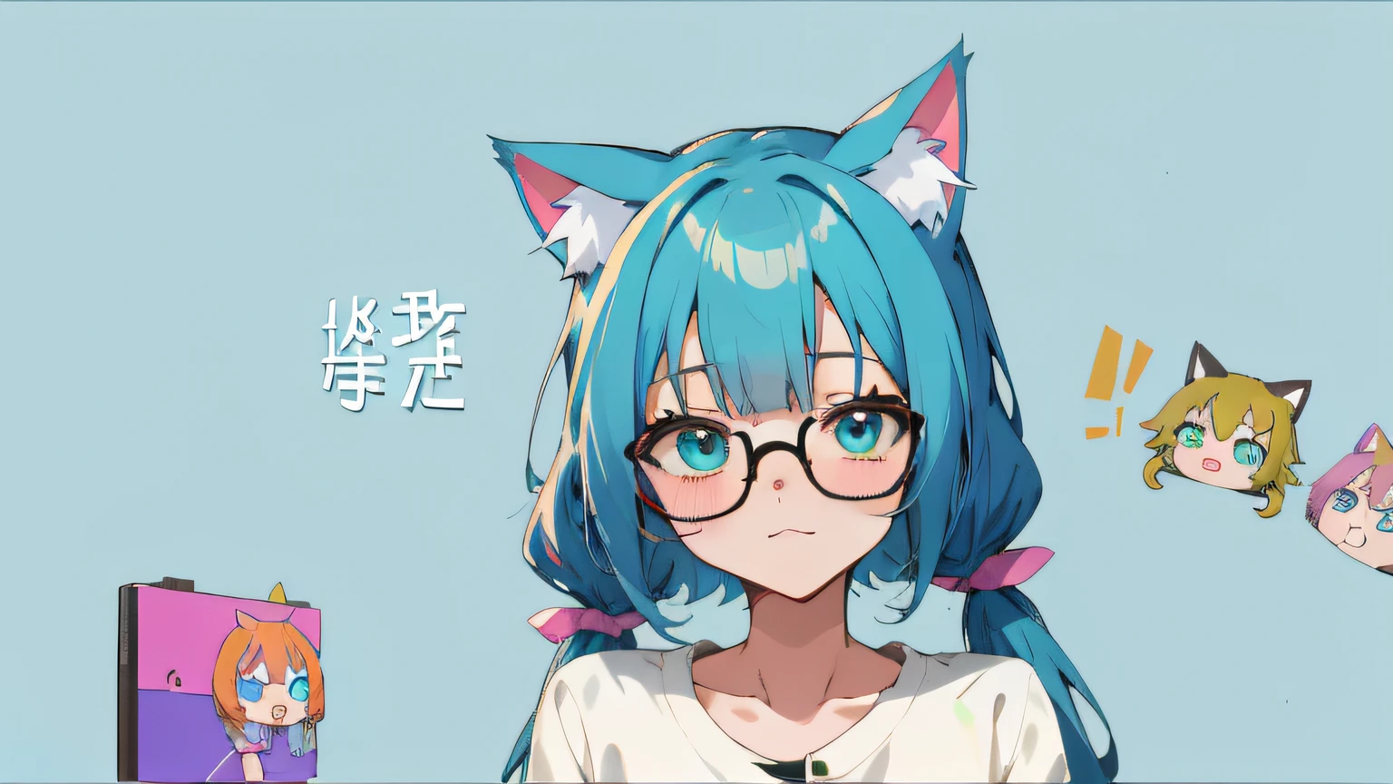 blue hairs,Anime girl with glasses and cat ears, mikudayo, anime girl with cat ears, Anime moe art style, Cyan eyes, Cat-eared girl anime Catwoman, anime cat, cute anime catgirl, In anime style, in an anime style, Anime style. 8K, style of anime,black-frame glasses,gaming console,Detailed bangs