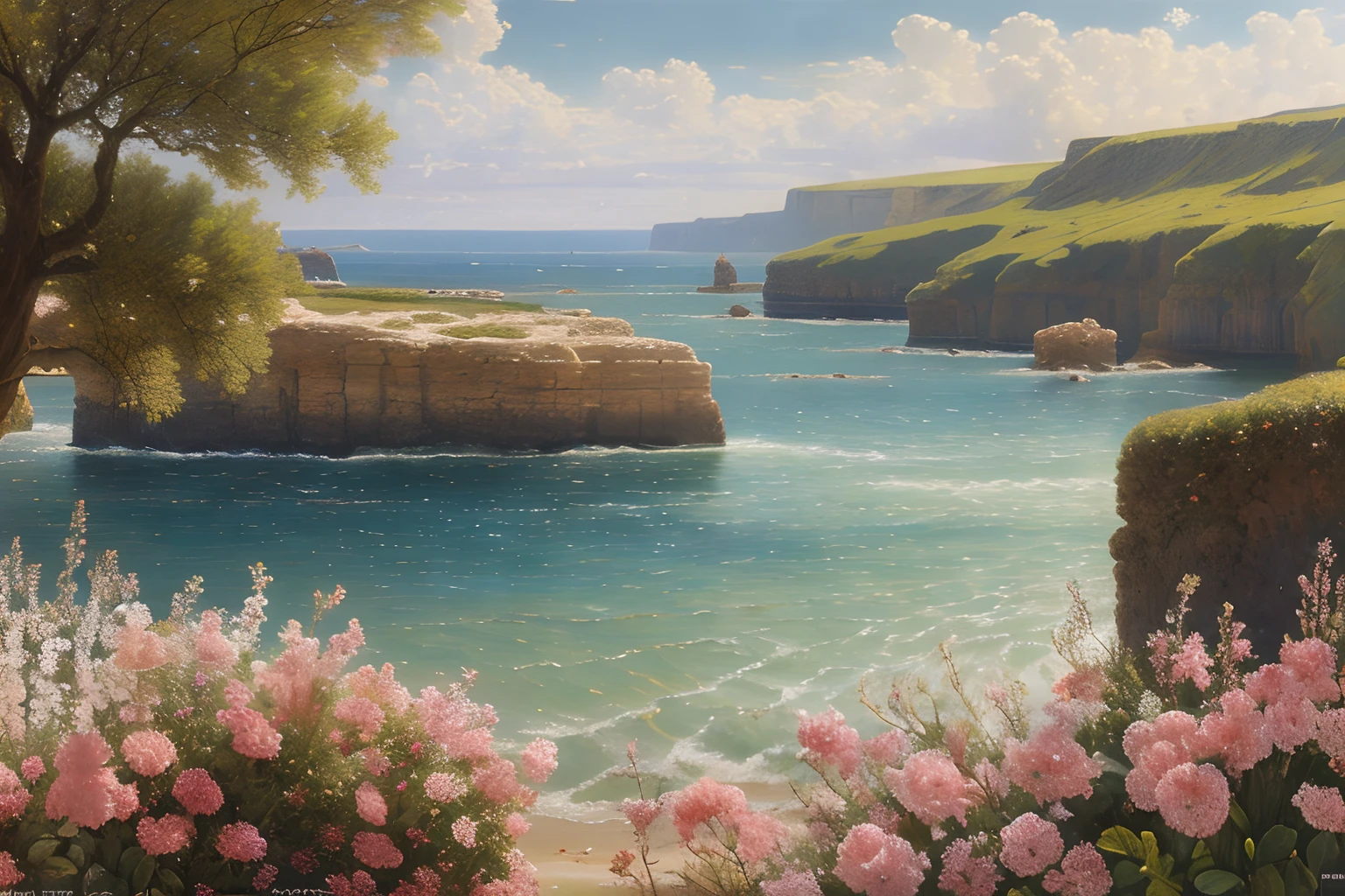 paysage mer, Eau, fleurs, (Highly detailed CG Unit 8k wallpaper), The most beautiful work of art in the world, Professional majestic oil painting, complexe, High detail, mise au point nette, dramatique, Art of photorealist painting, alma tadema