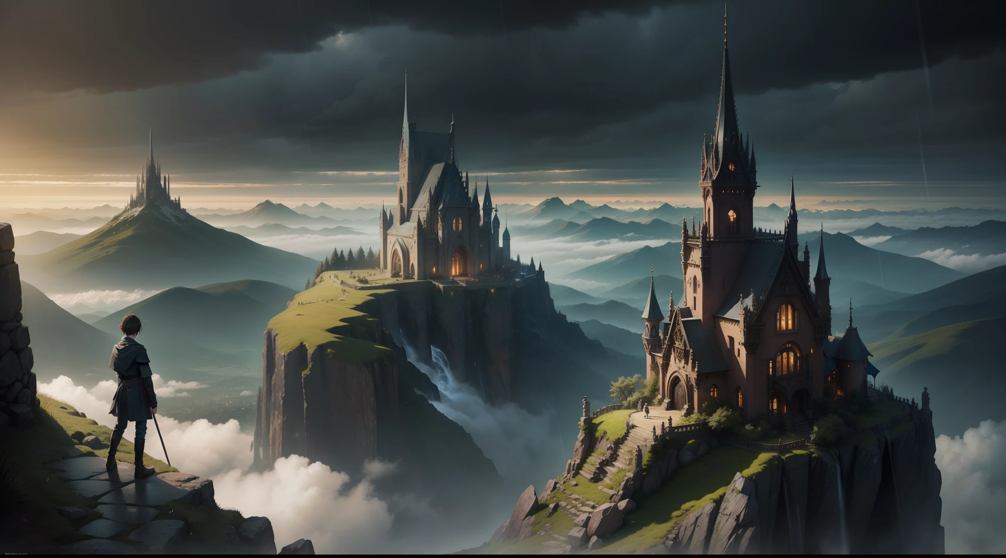 boy on the mountain, sharp focus, architecture, elven city, real city, stunning scenery, landscape, landscape, rain, dark fantasy, thriller